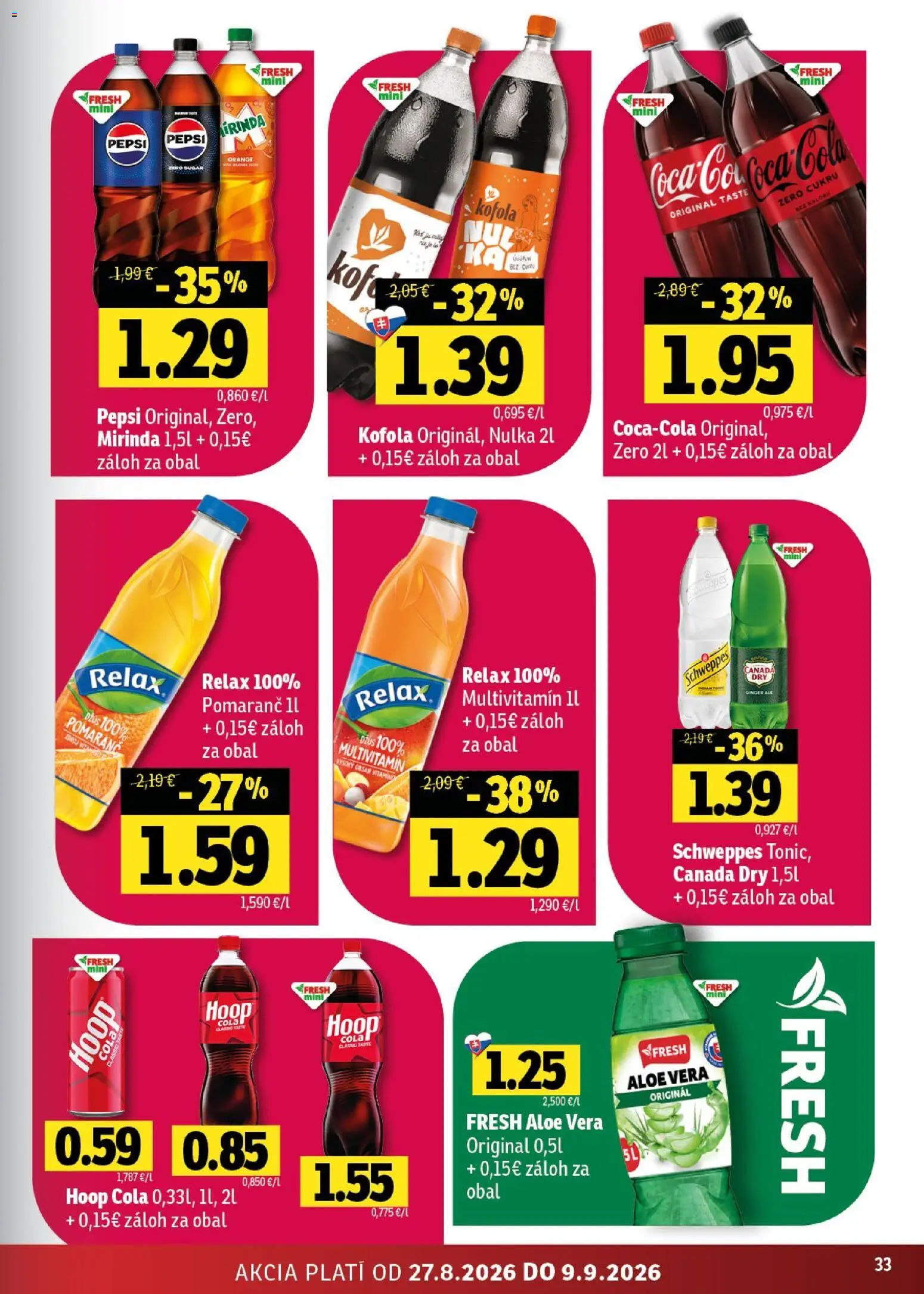 Nové Fresh akcie – leták je platný od 27.08.2026 | Strana: 33 | Produkty: Aloe Vera, Džús, Pepsi, Mirinda