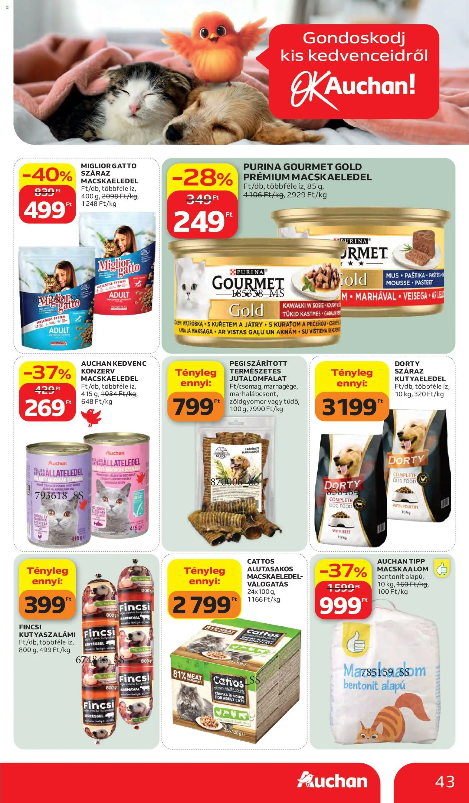 Auchan akciós ujság - amely érvényes a következő dátumtól: 28.05.2026 | Oldal: 43 | Termékek: Macskaalom, Macskaeledel, Kutyaeledel
