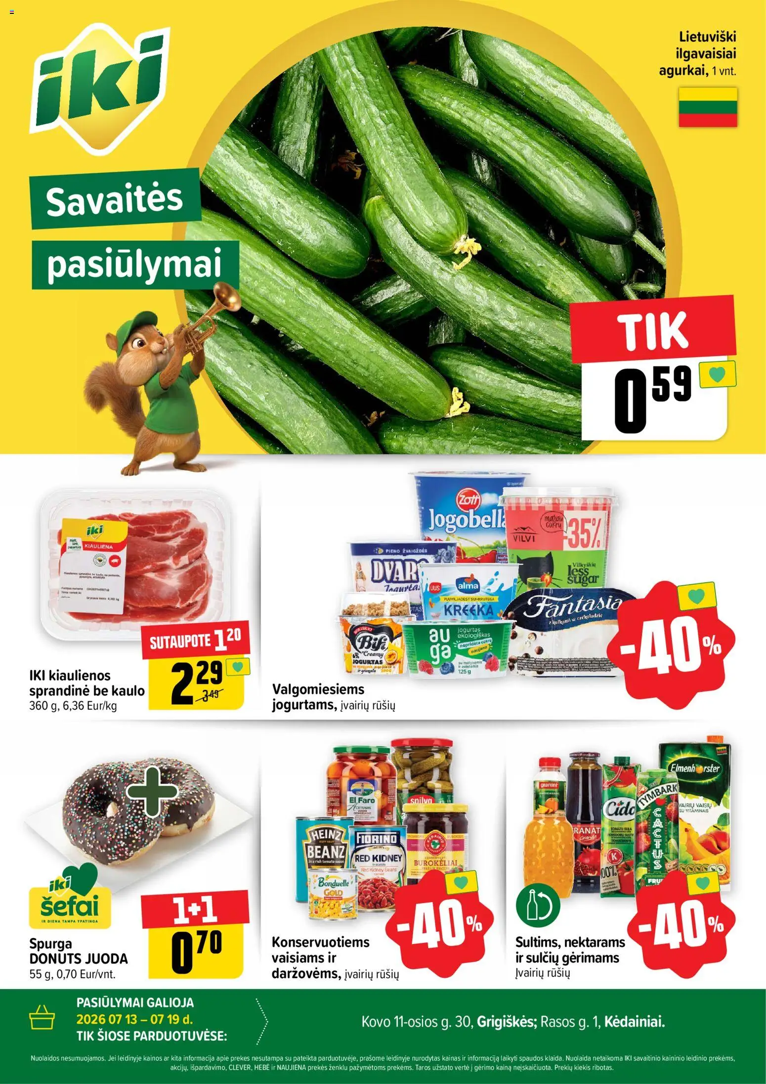 IKI akcijos nuo 2026.07.13 | Puslapis: 1 | Prekių: Kiaulienos, Spurga, Jogurtas, Kiauliena