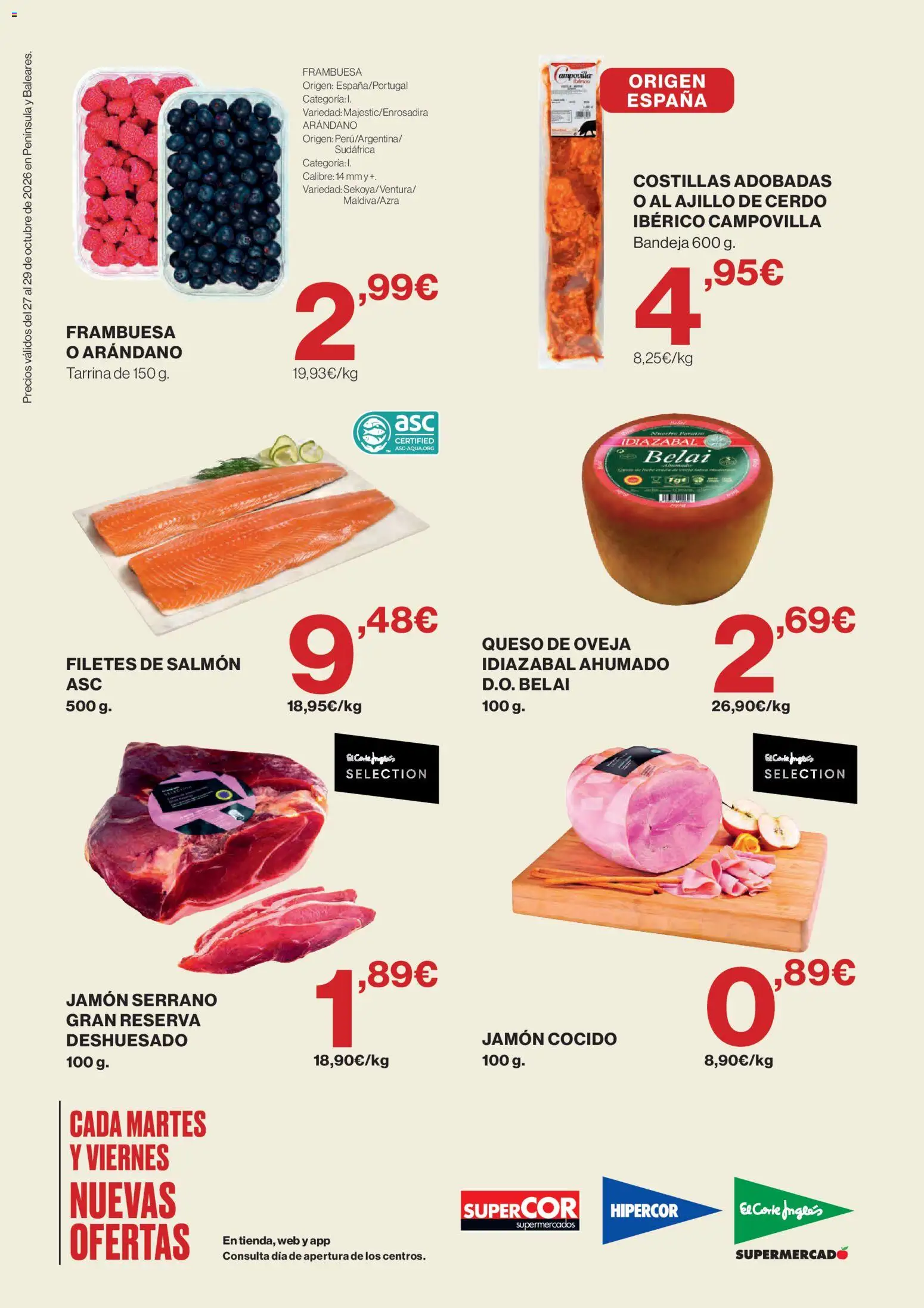 Hipercor Solo 3 días │ válido desde el 27/10/2026 | Página: 2 | Productos: Jamón serrano, Queso de oveja, Jamón cocido, Cerdo