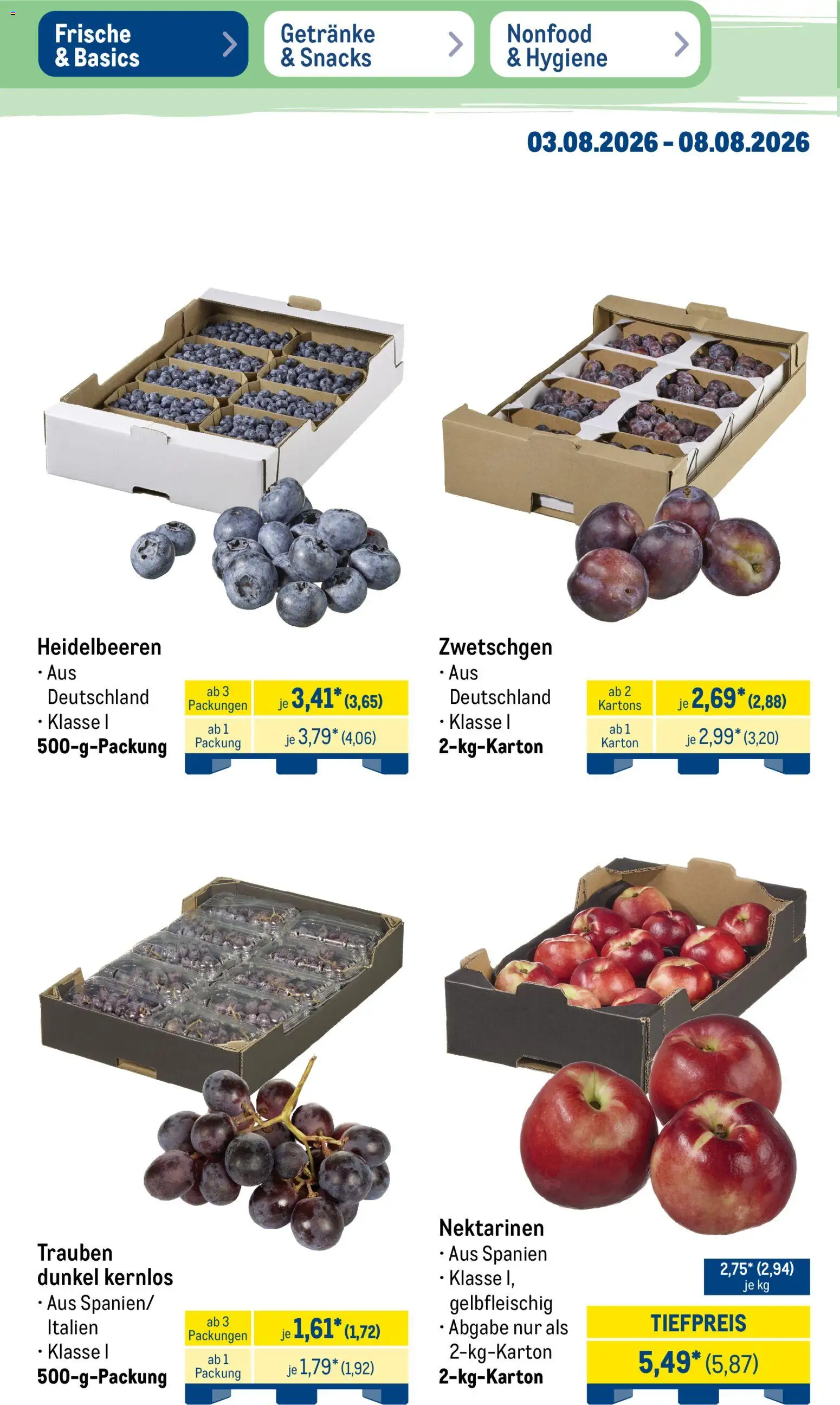 Metro Non Food & Hygiene – gültig ab 03.08.2026 | Seite: 37 | Produkte: Nektarinen, Trauben, Zwetschgen, Heidelbeeren