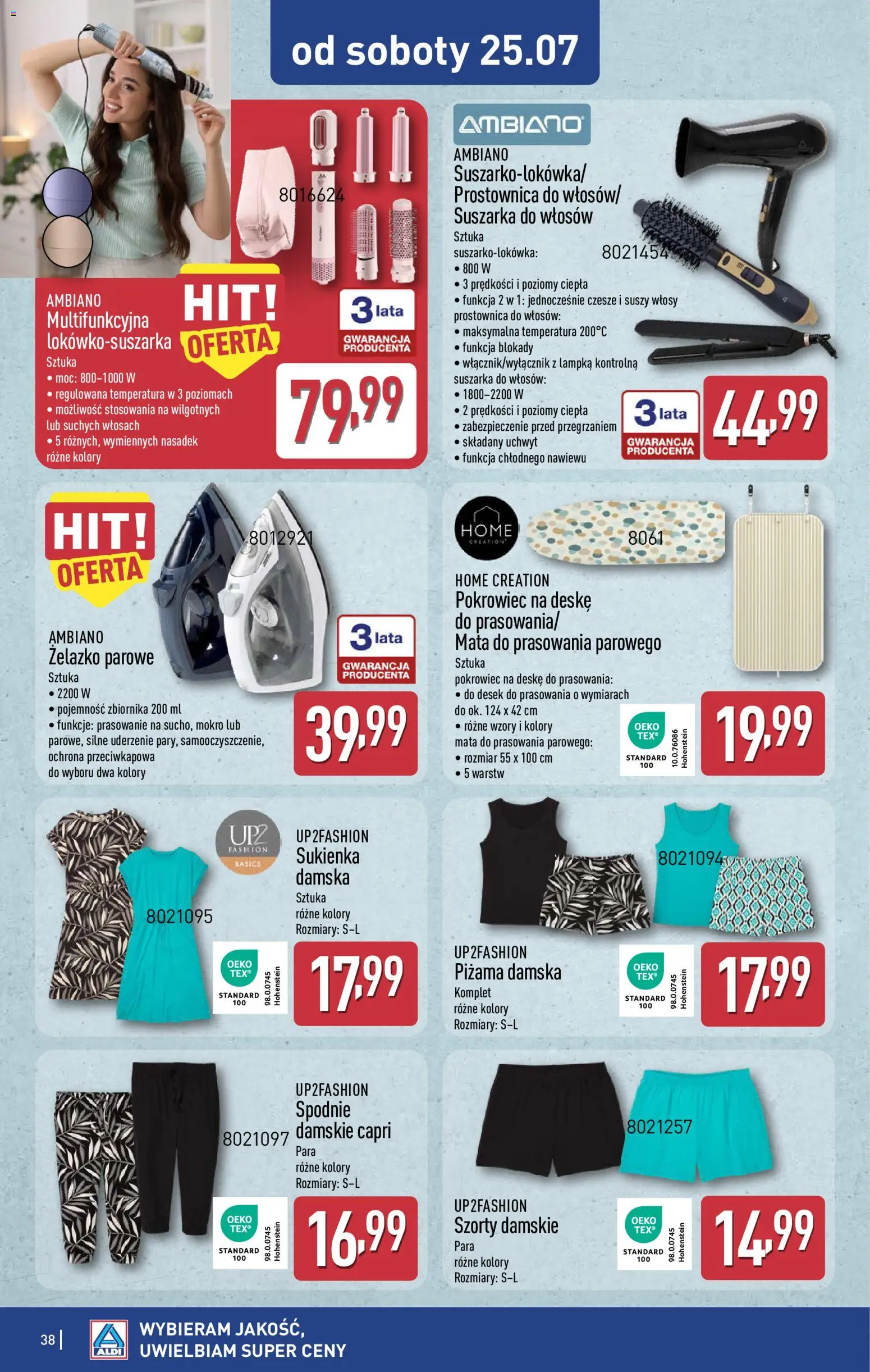 Aldi gazetka od 20.07.2026 | Strona: 38 | Produkty: Szorty, Piżama, Suszarka, Prostownica
