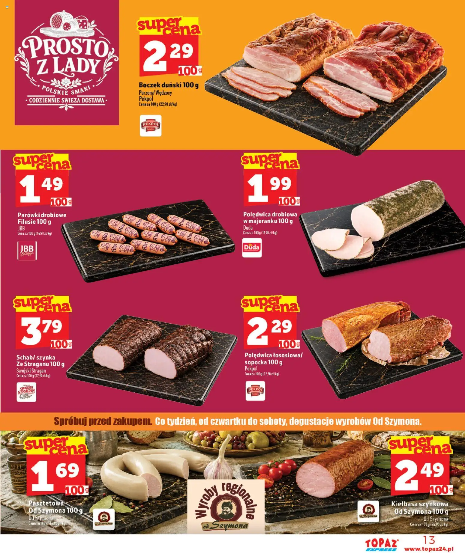 Topaz gazetka - Express od 10.09.2026 | Strona: 13 | Produkty: Kiełbasa, Parówki, Szynka, Boczek
