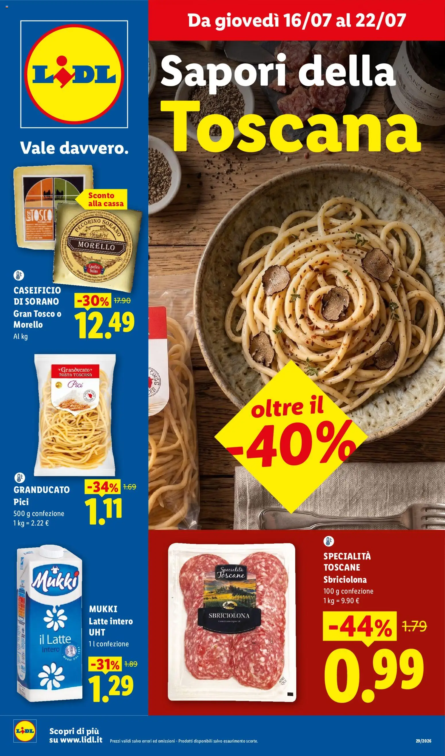 Volantino Lidl del 16/07/2026 | Pagina: 1 | Prodotti: Latte, Pasta, Pecorino
