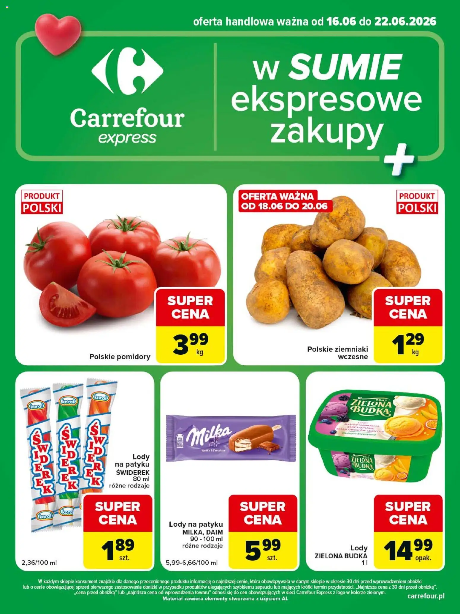 Carrefour gazetka - Express od 16.06.2026 | Strona: 1 | Produkty: Lody na patyku, Pomidory, Lody, Ziemniaki