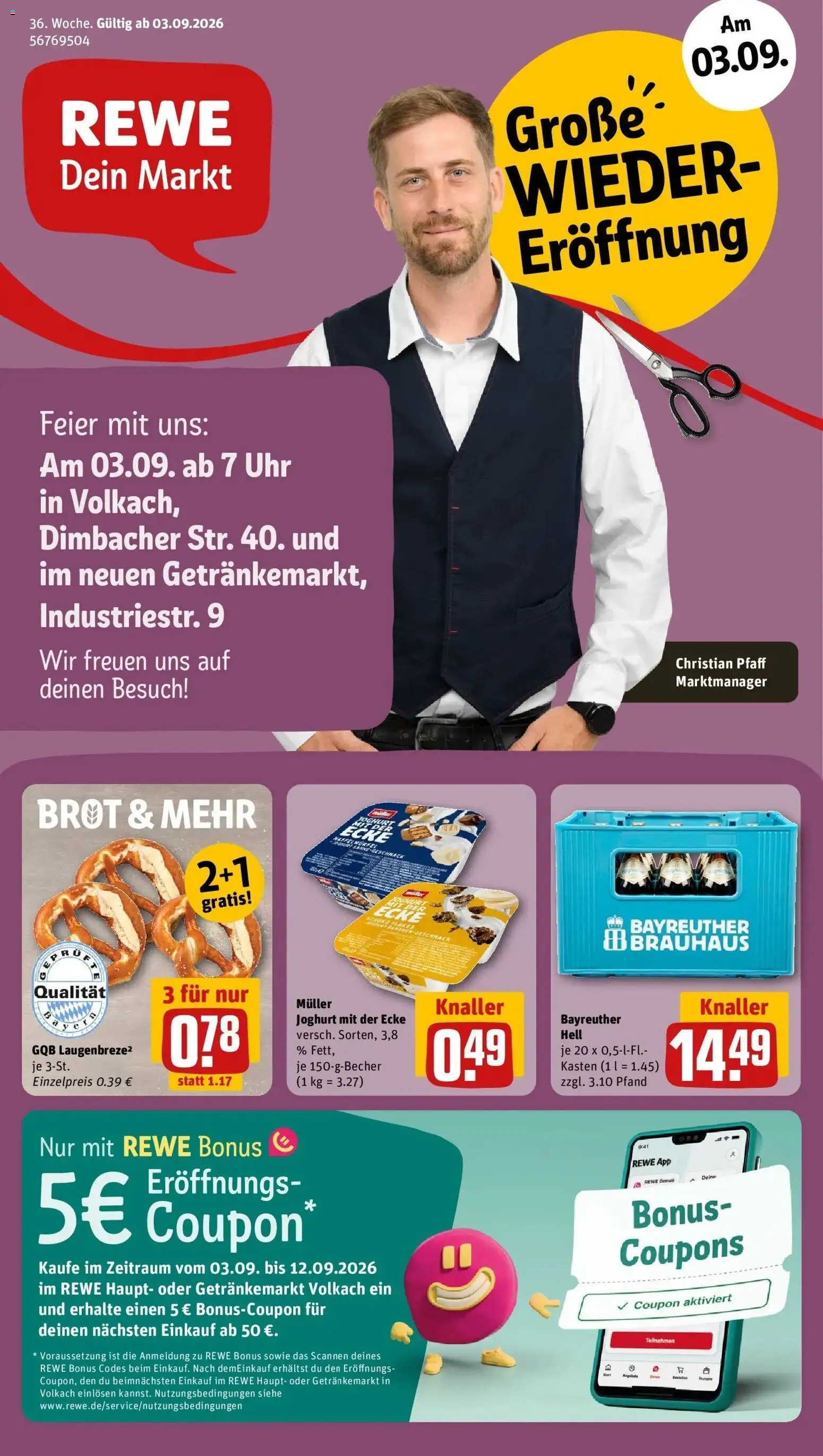 REWE Prospekt ab 31.08.2026 zum Blättern » Angebote | Seite: 1 | Produkte: Bayreuther hell, Joghurt, Brot, Uhr