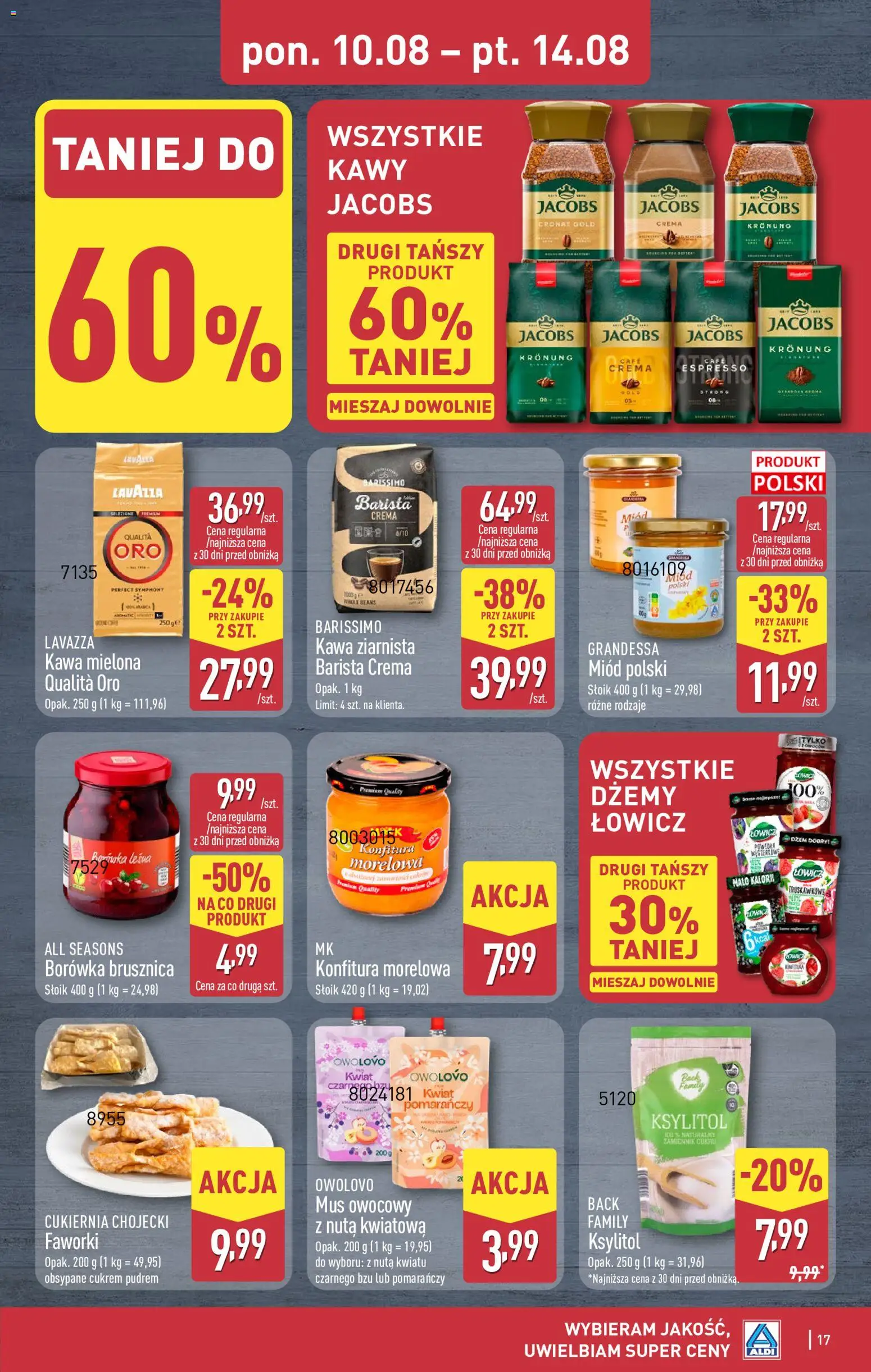 Aldi gazetka od 10.08.2026 | Strona: 17 | Produkty: Kawa ziarnista, Mus owocowy, Jacobs cronat gold, Kawa
