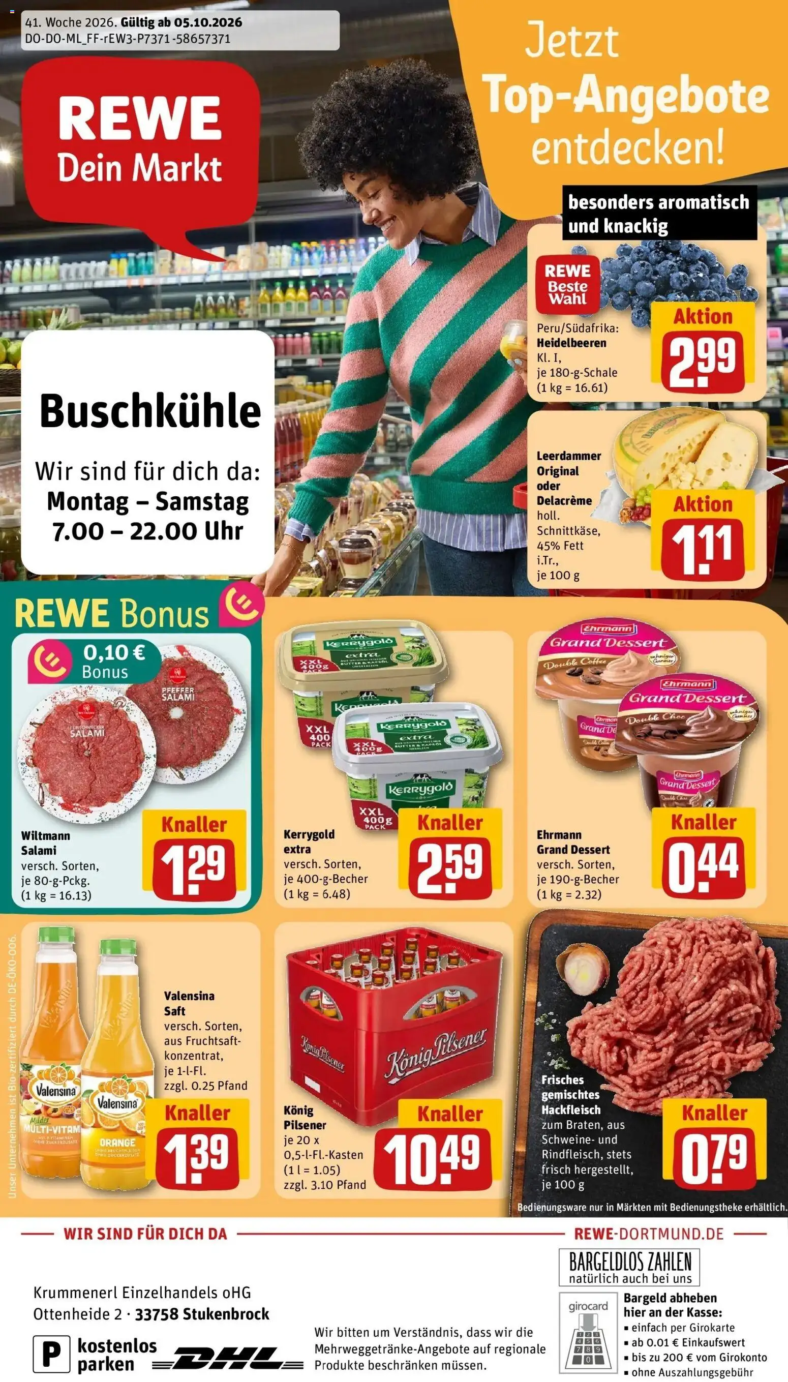 REWE Prospekt ab 05.10.2026 zum Blättern » Angebote | Seite: 1 | Produkte: Konig pilsener, Butter, Heidelbeeren, Hackfleisch