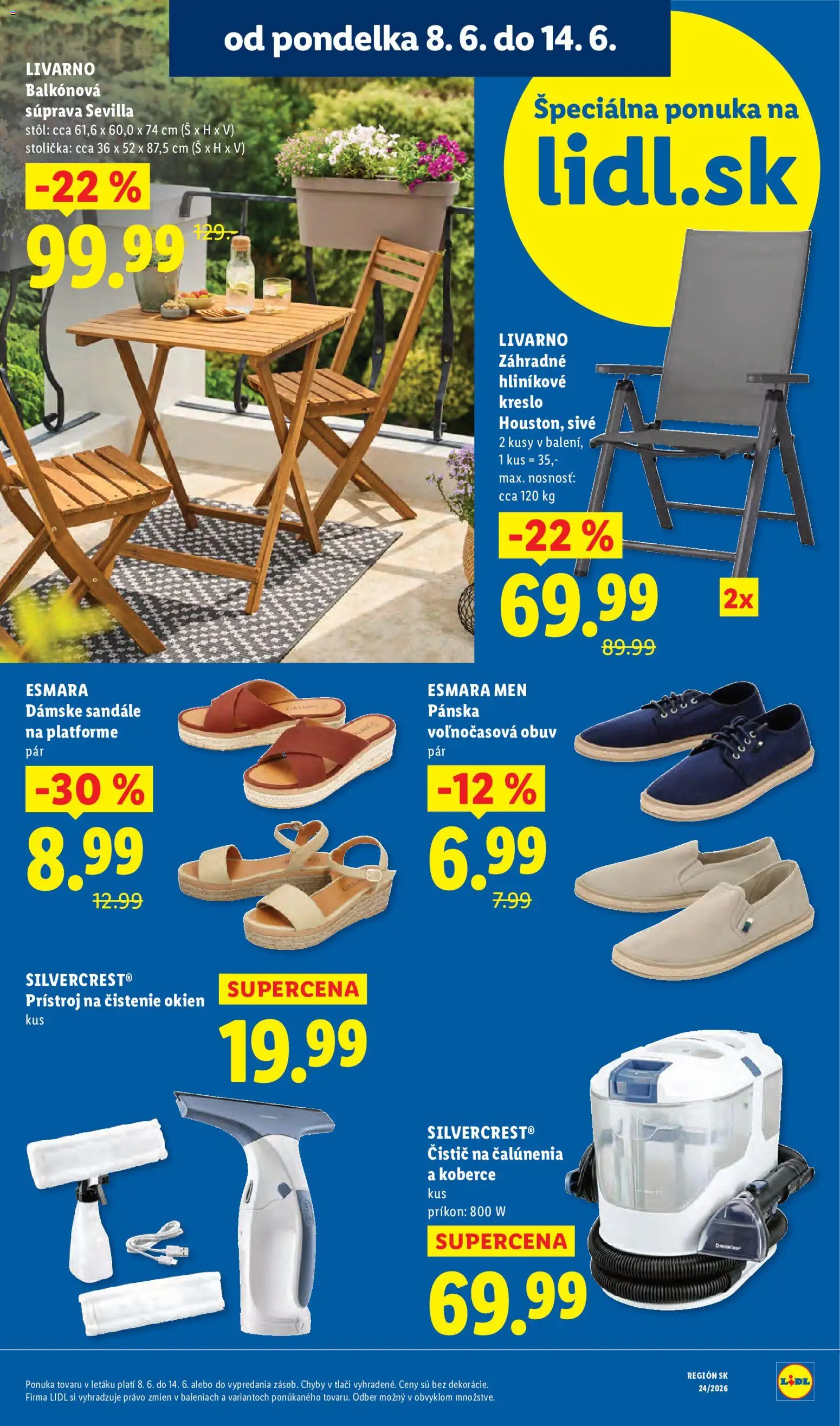 Nové Lidl akcie – leták je platný od 08.06.2026 | Strana: 13 | Produkty: Stôl, Kreslo, Sandále, Koberce