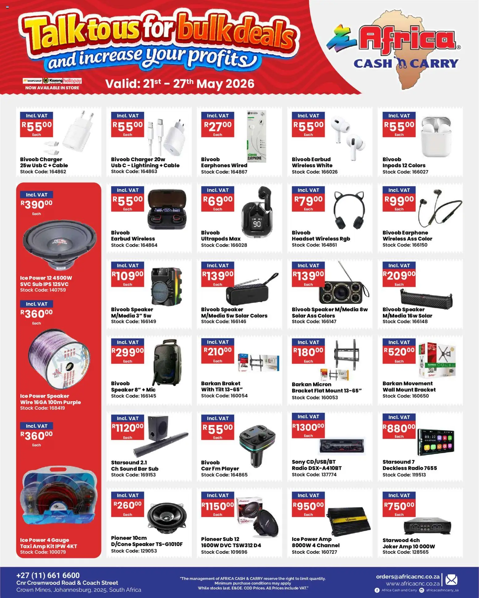 New Africa Cash & Carry catalogue – valid from 21.05.2026 | Page: 30 | Products: Headset, Speaker, USB, Charger
