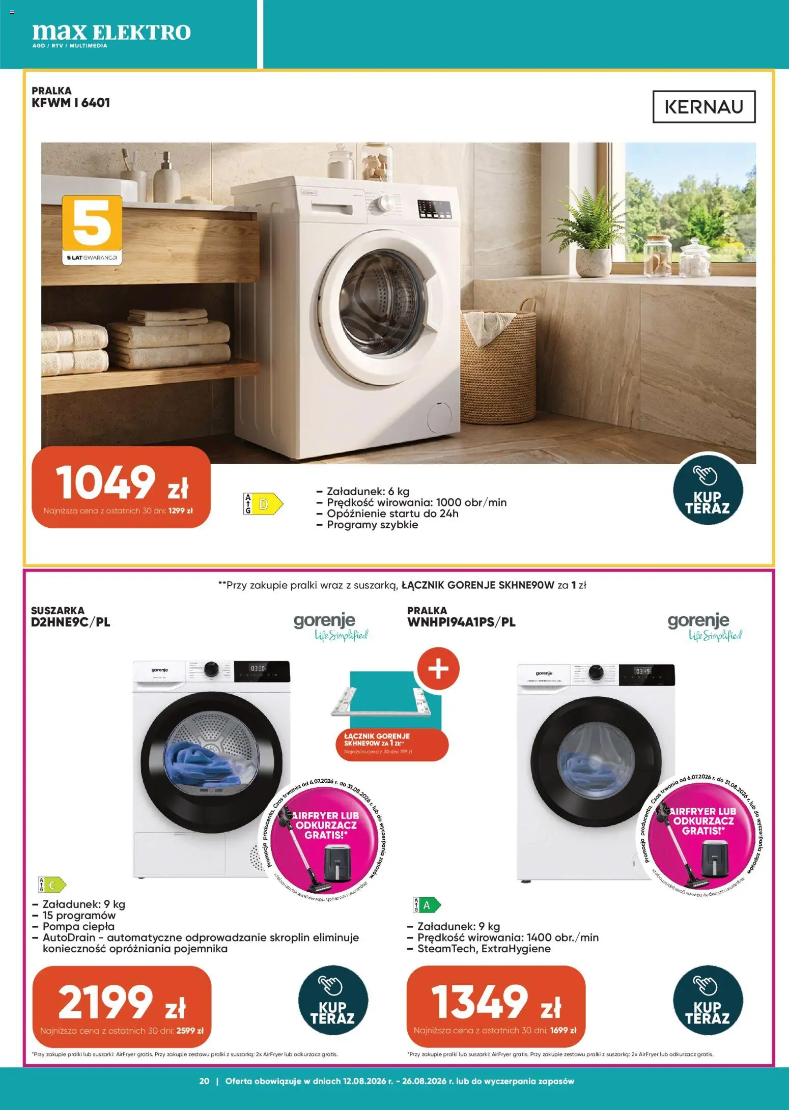 Max elektro gazetka od 12.08.2026 | Strona: 20 | Produkty: Pralka, Suszarka, Odkurzacz