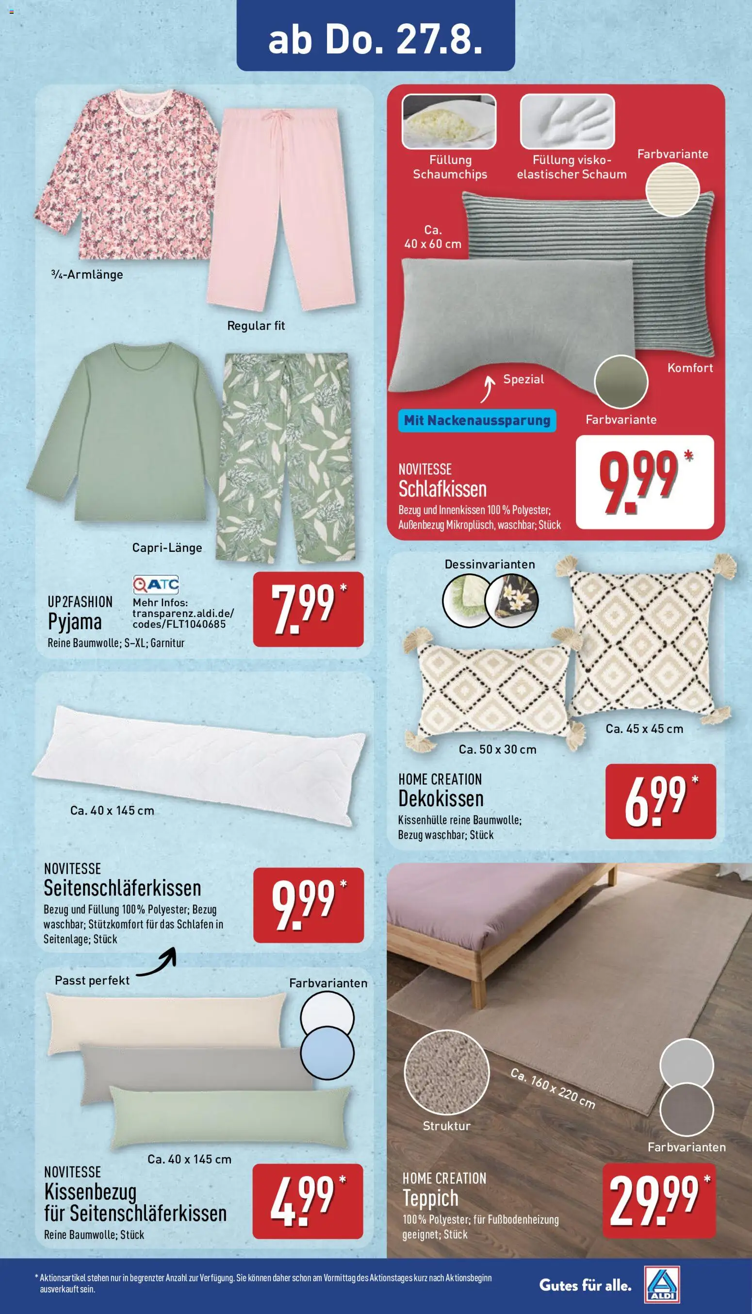 Aldi Prospekt – gültig ab 24.08.2026 | Seite: 10 | Produkte: Up2fashion, Teppich, Pyjama, Home creation