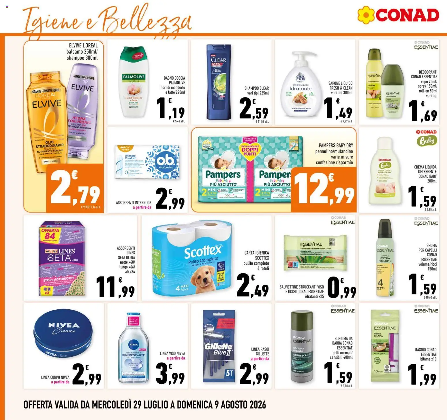 Volantino Conad del 29/07/2026 | Pagina: 20 | Prodotti: Acqua micellare, Rasoio, Sapone, Pampers