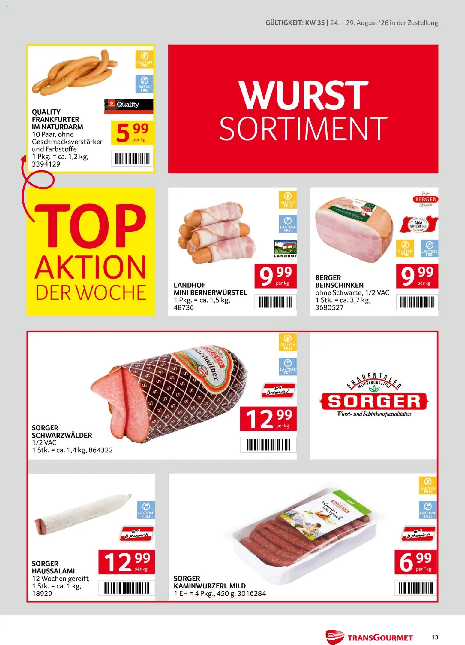 Transgourmet Zustellaktion gültig ab 24.08.2026 | Seite: 13 | Produkte: Wurst