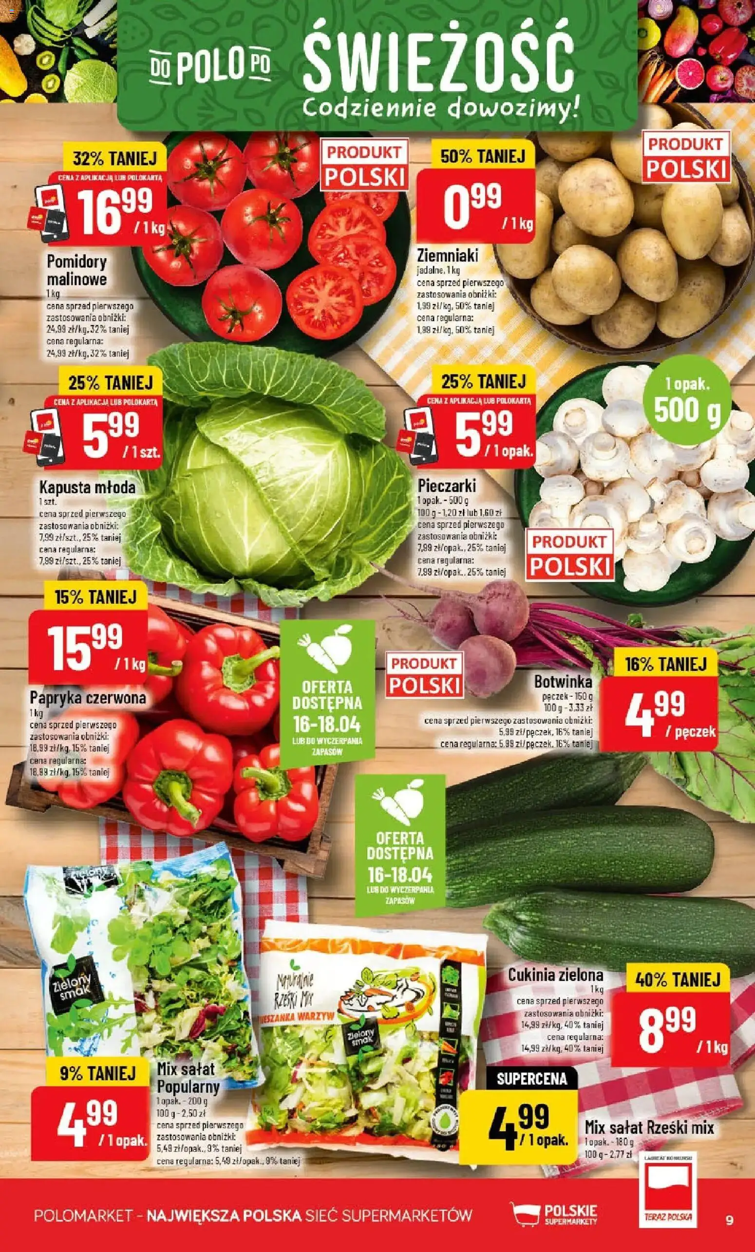 POLOmarket gazetka od 15.04.2026 | Strona: 9 | Produkty: Pieczarki, Papryka, Cukinia, Mix sałat