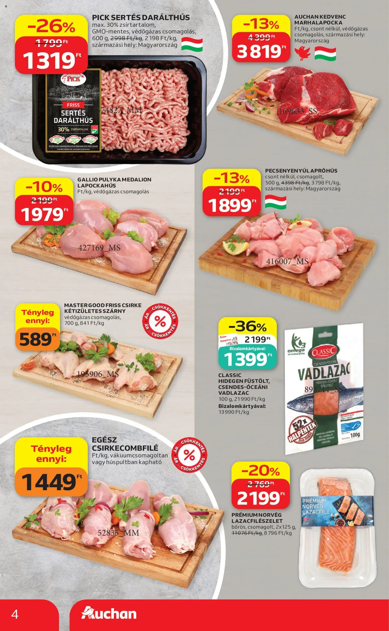Auchan akciós ujság - amely érvényes a következő dátumtól: 18.06.2026 | Oldal: 4 | Termékek: Pick, Lazacfilé, Csirkecombfile