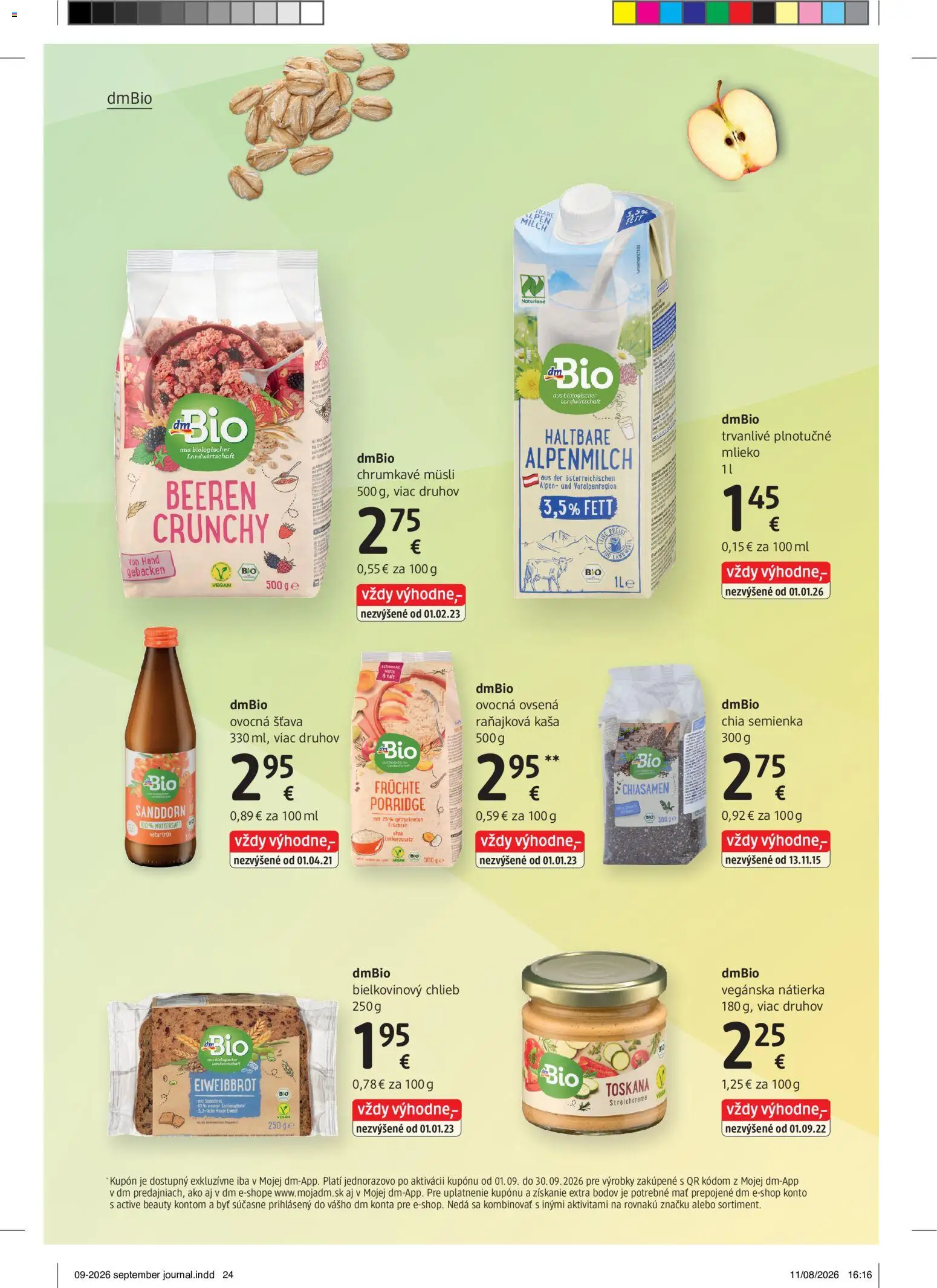 Nové dm drogerie akcie – leták je platný od 01.09.2026 | Strana: 24 | Produkty: Mlieko, Chlieb, Nátierka, Šťava