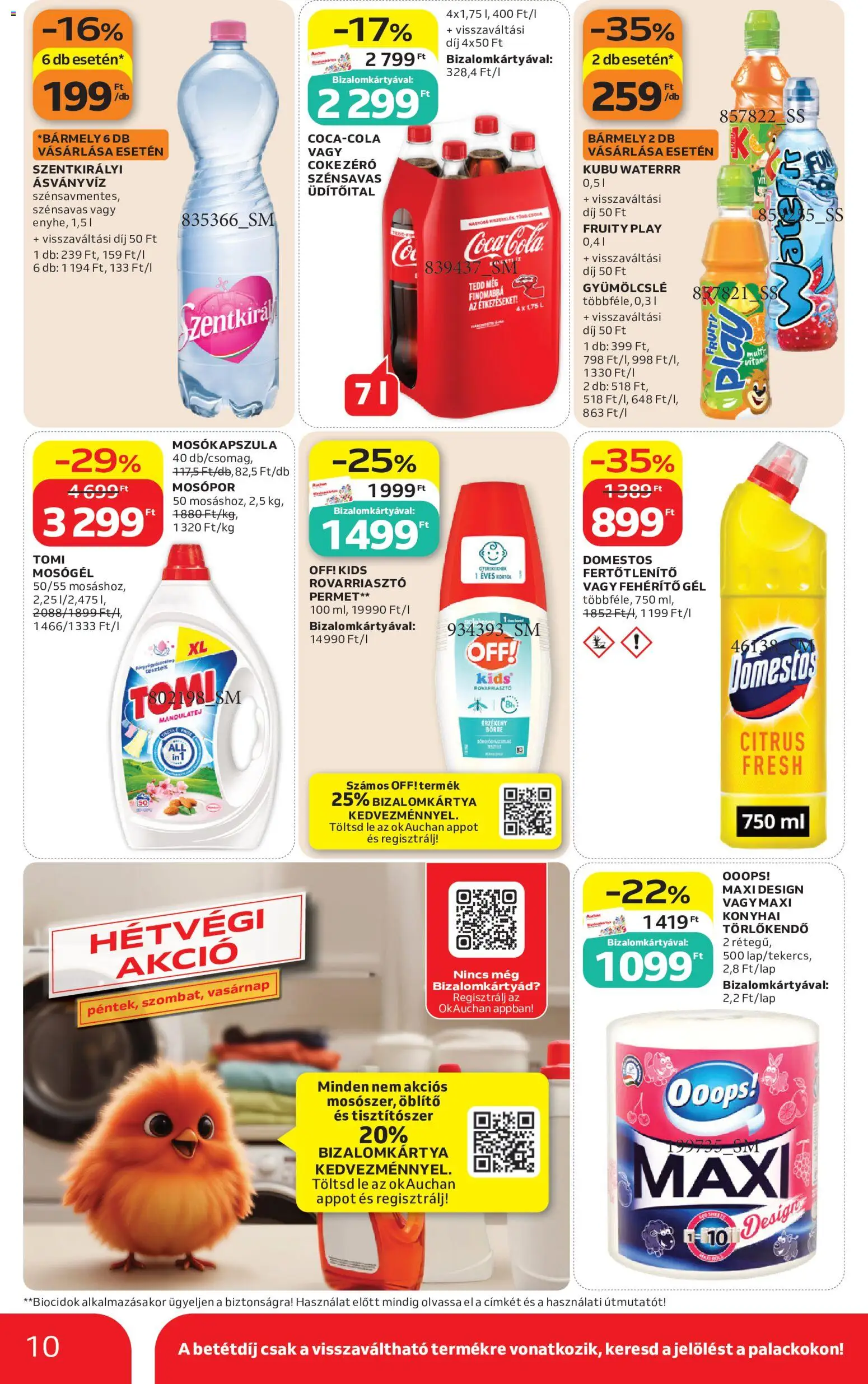 Auchan akciós ujság - amely érvényes a következő dátumtól: 2026.07.09. | Oldal: 10 | Termékek: Gyümölcslé, Szentkirályi ásványvíz, Törlőkendő, Mosógél