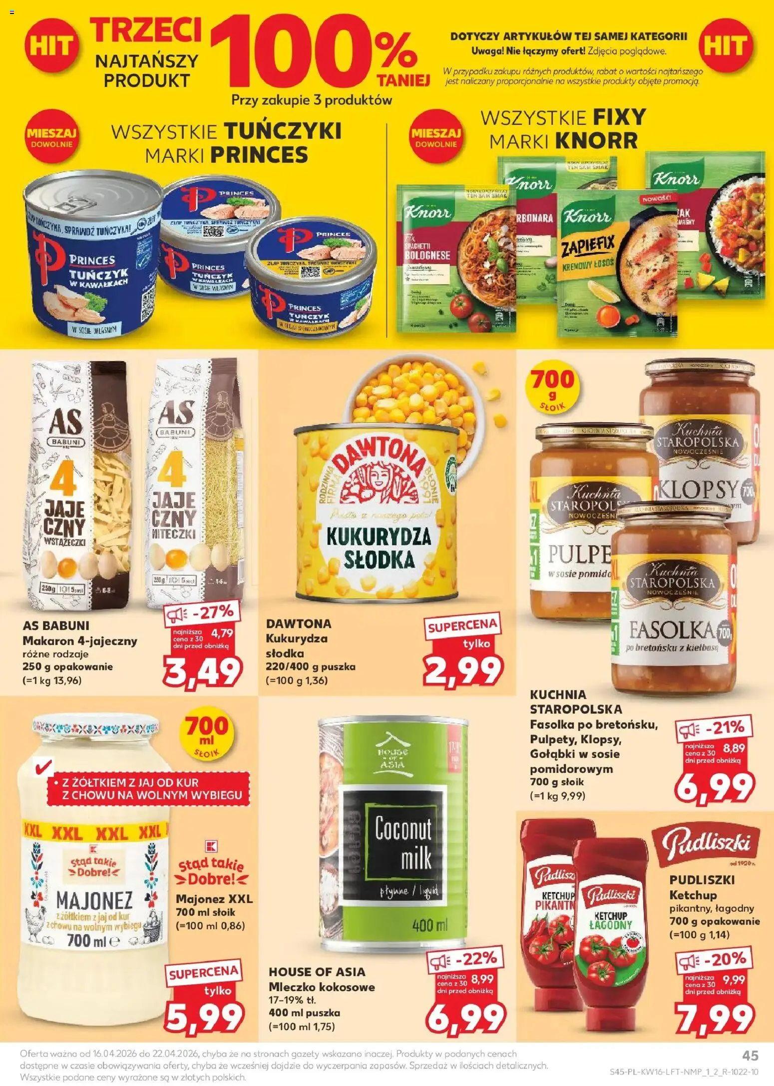 Kaufland gazetka od 16.04.2026 | Strona: 45 | Produkty: Ketchup, Kukurydza, Tuńczyk, Makaron