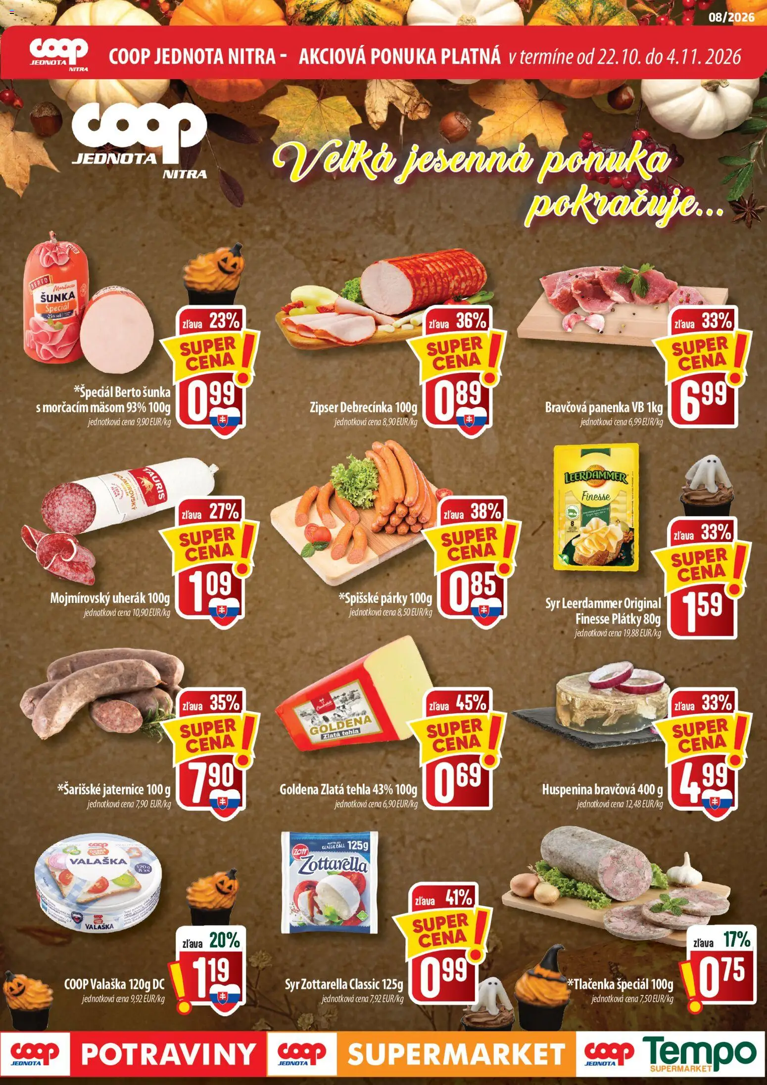 Nové COOP Jednota akcie – leták je platný od 22.10.2026 | Strana: 1 | Produkty: Syr, Šunka, Bravčová panenka, Párky