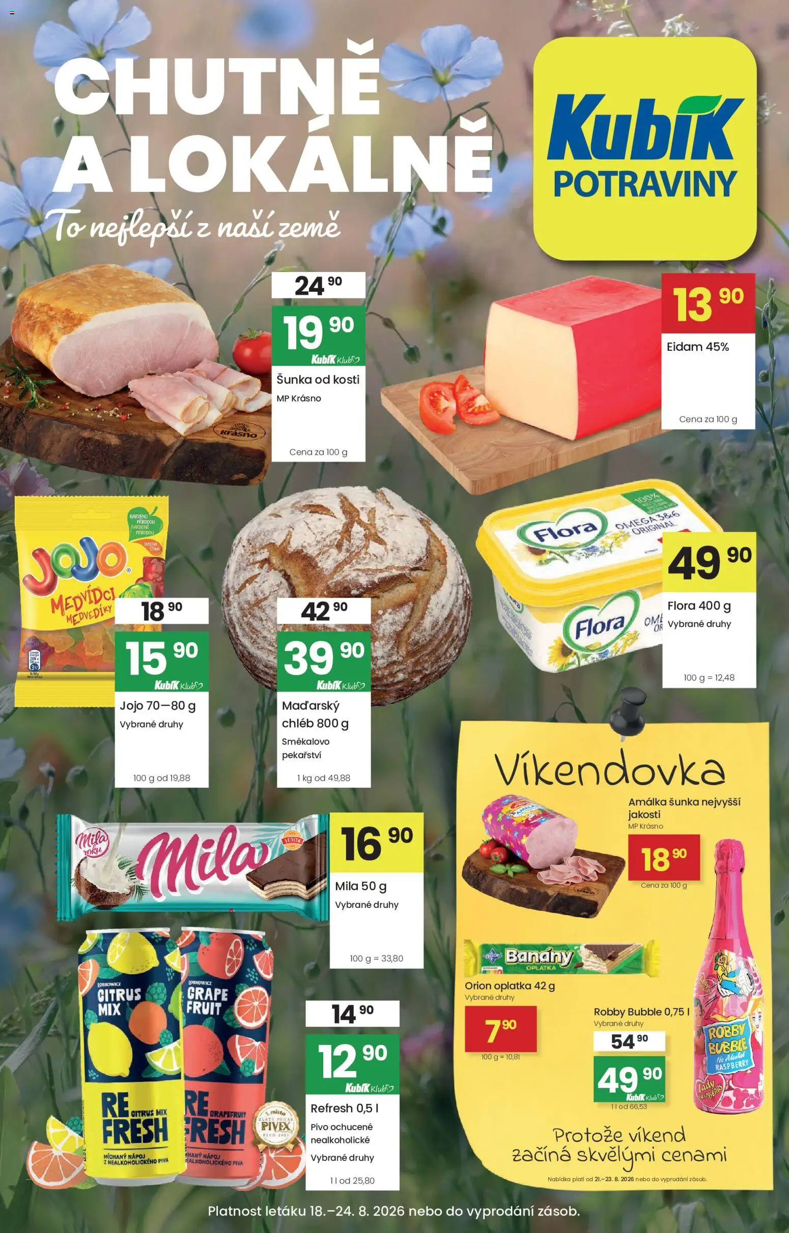 Kubík leták od 18.08.2026 | Strana: 1 | Produkty: Pivo, Banány, Grapefruit, Omega
