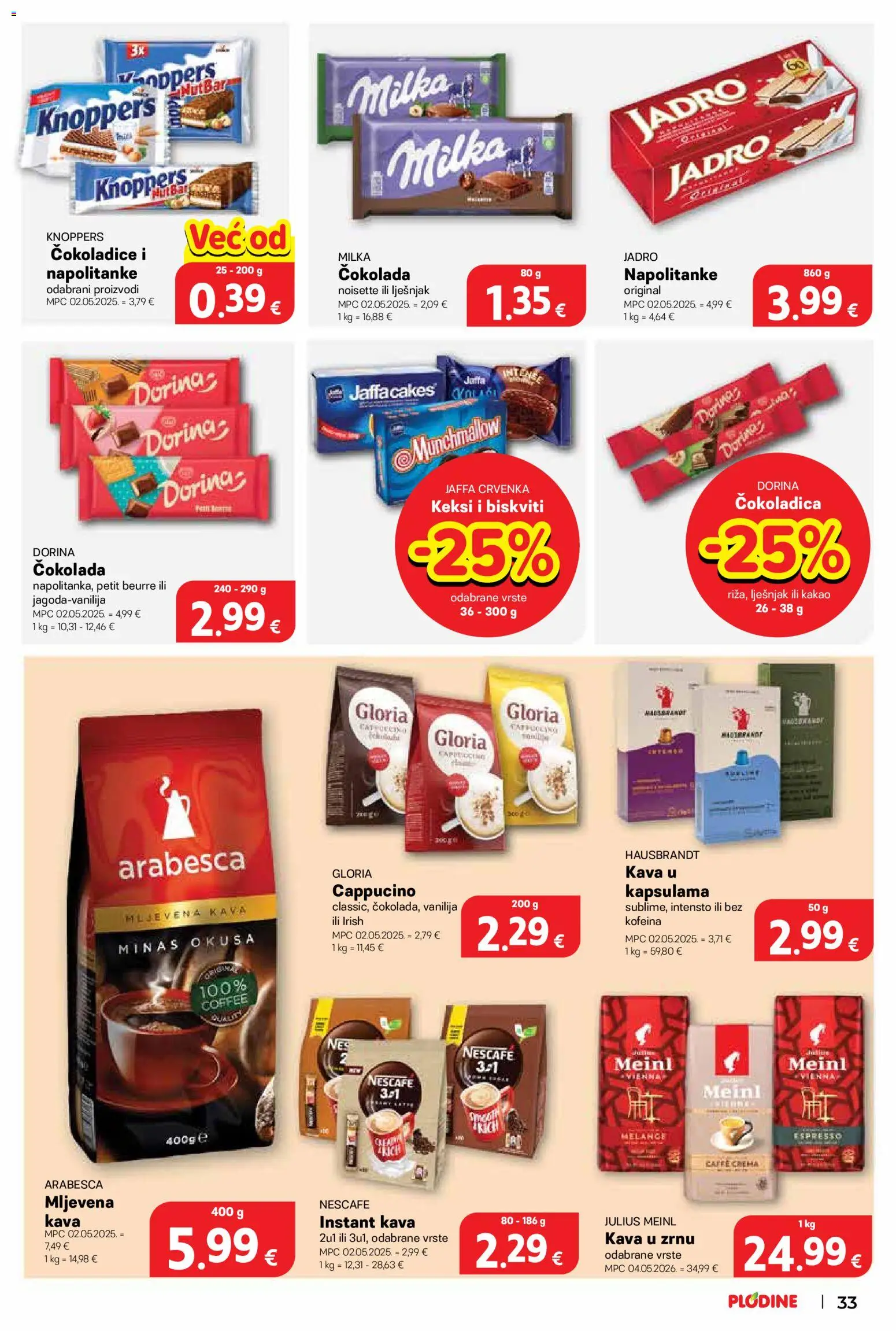 Plodine katalog | vrijedi od 19.08.2026 | Stranica: 33 | Proizvodi: Instant kava, Cokoladice, Dorina, Arabesca