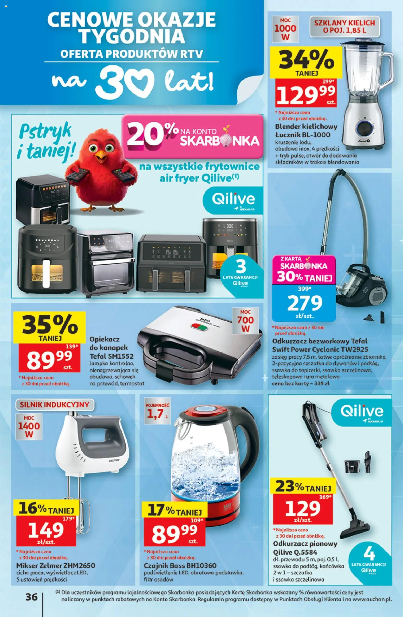 Auchan gazetka - 30 Lat Hipermarket od 11.06.2026 | Strona: 36 | Produkty: Czajnik, Opiekacz, Odkurzacz pionowy, Blender