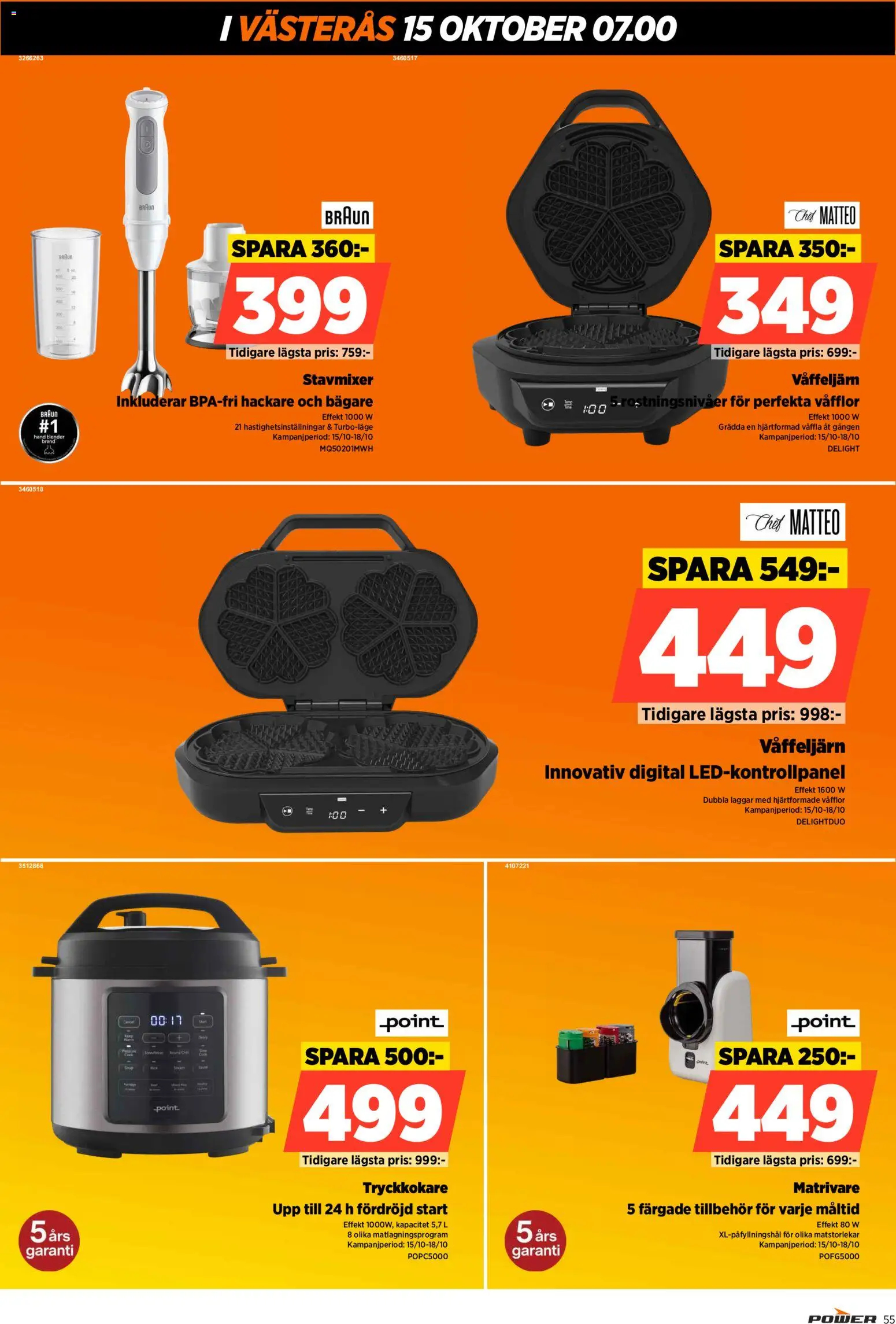 Power reklamblad aktuell från 15/10/2026 | Sida: 55 | Produkter: Tryckkokare, Stavmixer, Våffeljärn, Blender