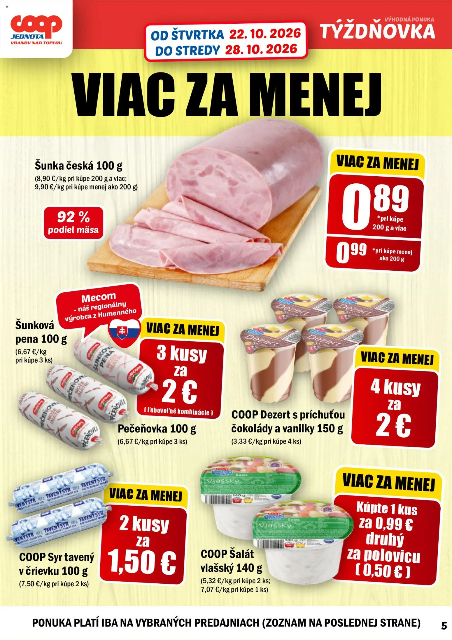 Nové COOP Jednota akcie – leták je platný od 22.10.2026 | Strana: 5 | Produkty: Syr, Šunka, Tavený syr, Šalát