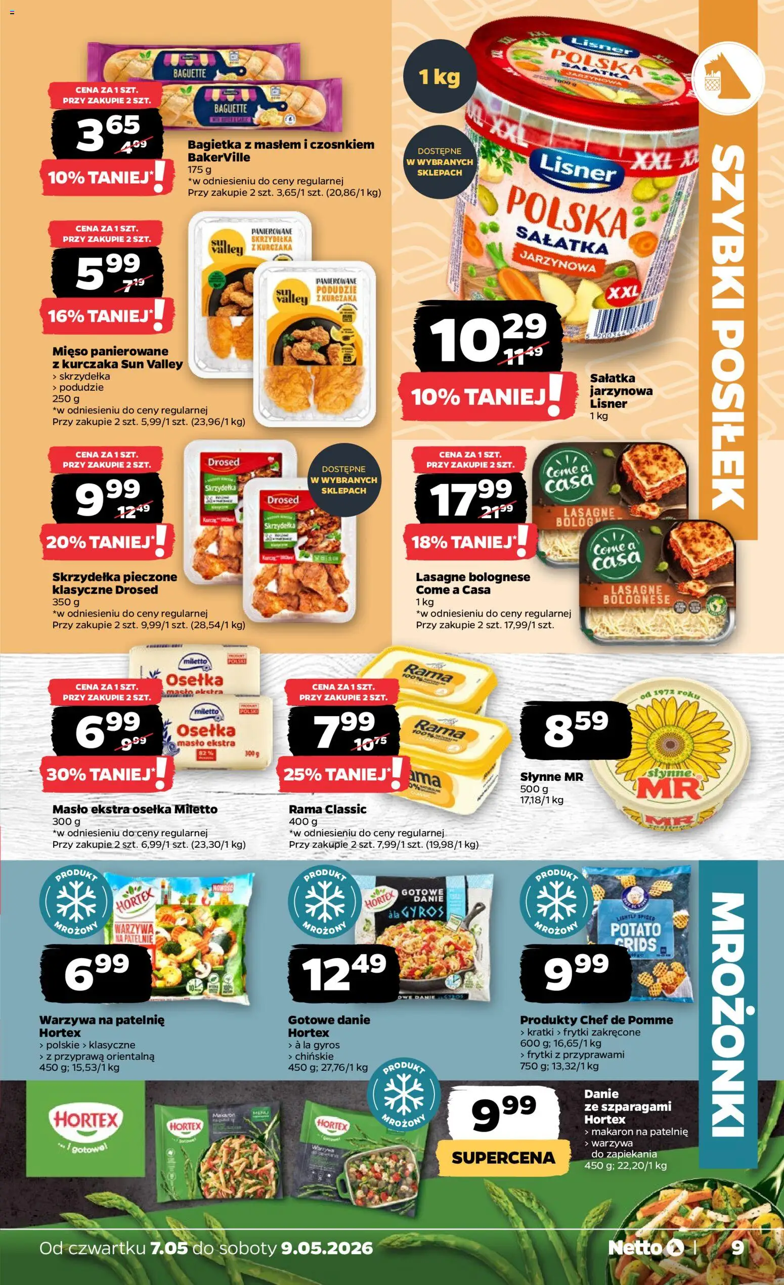 Netto gazetka od czwartku spożywcza od 07.05.2026 | Strona: 9 | Produkty: Podudzie z kurczaka, Bagietka, Lasagne bolognese, Sałatka