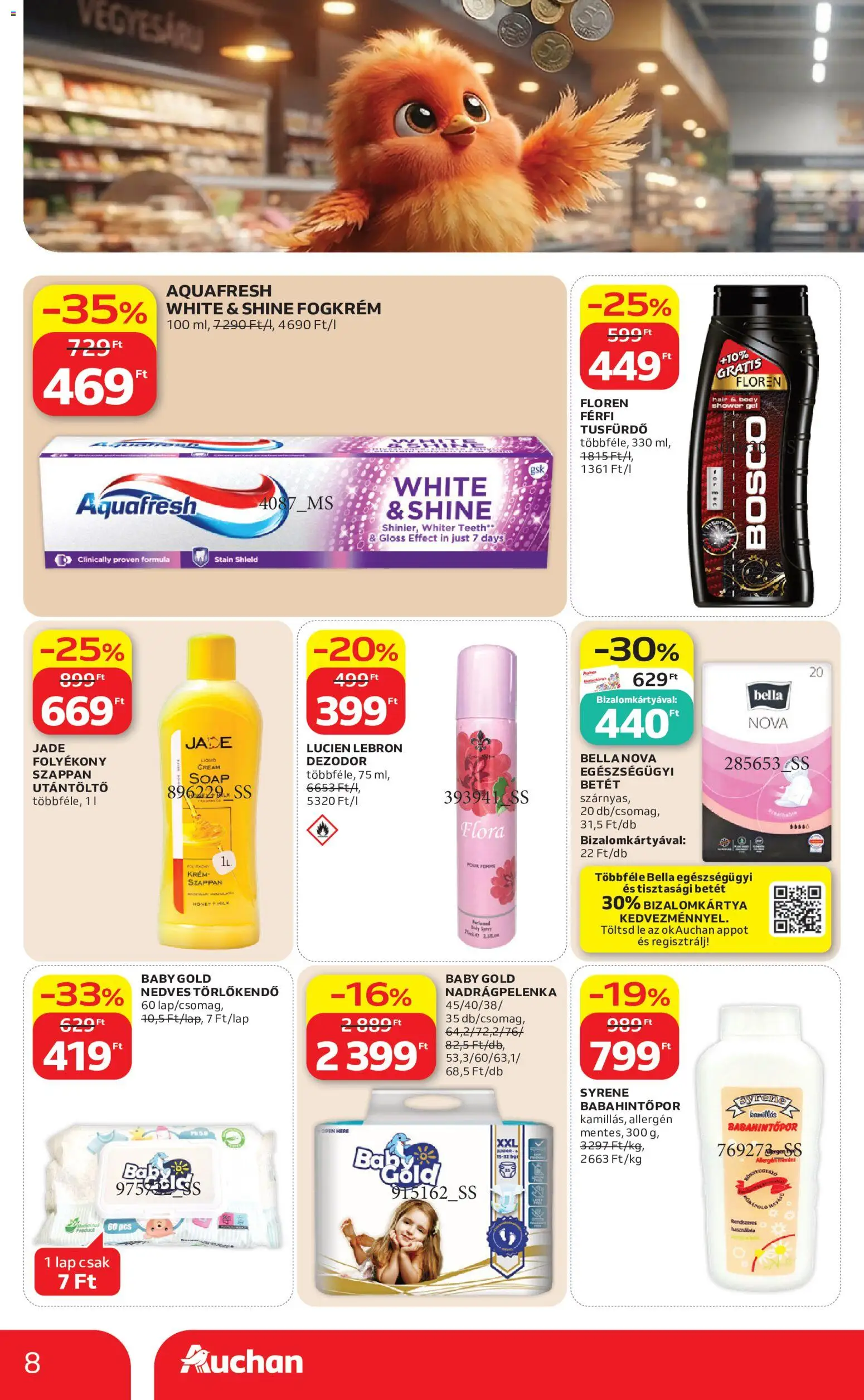 Auchan akciós ujság - amely érvényes a következő dátumtól: 2026.10.29. | Oldal: 8 | Termékek: Betét, Lap, Tisztasági betét, Egészségügyi betét