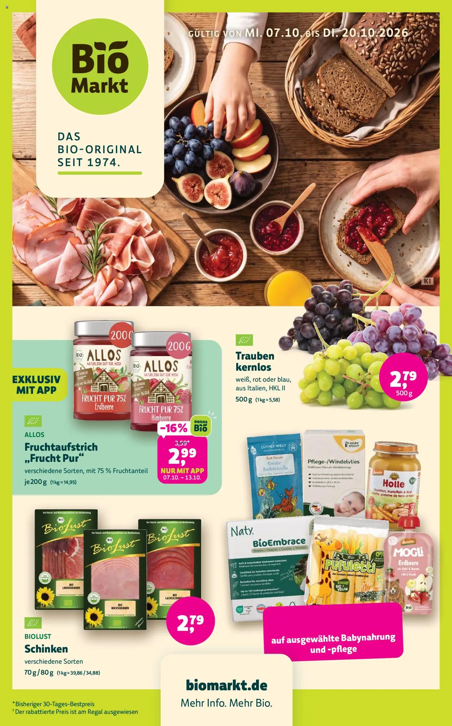 BioMarkt Prospekt – gültig ab 07.10.2026 | Seite: 1 | Produkte: Trauben, Regal, Babynahrung, Schinken