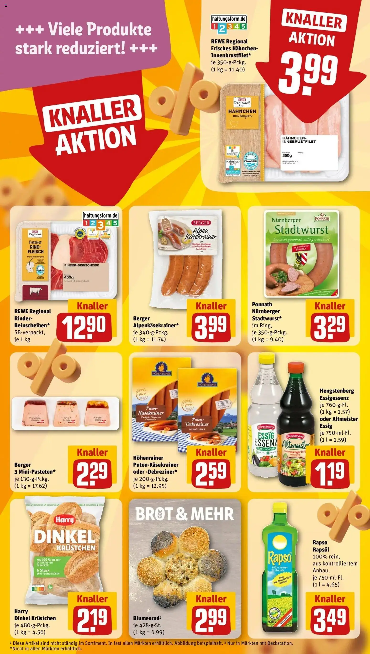 REWE Prospekt ab 26.10.2026 zum Blättern » Angebote | Seite: 14 | Produkte: Essig, Rapsöl, Käsekrainer, Fleisch