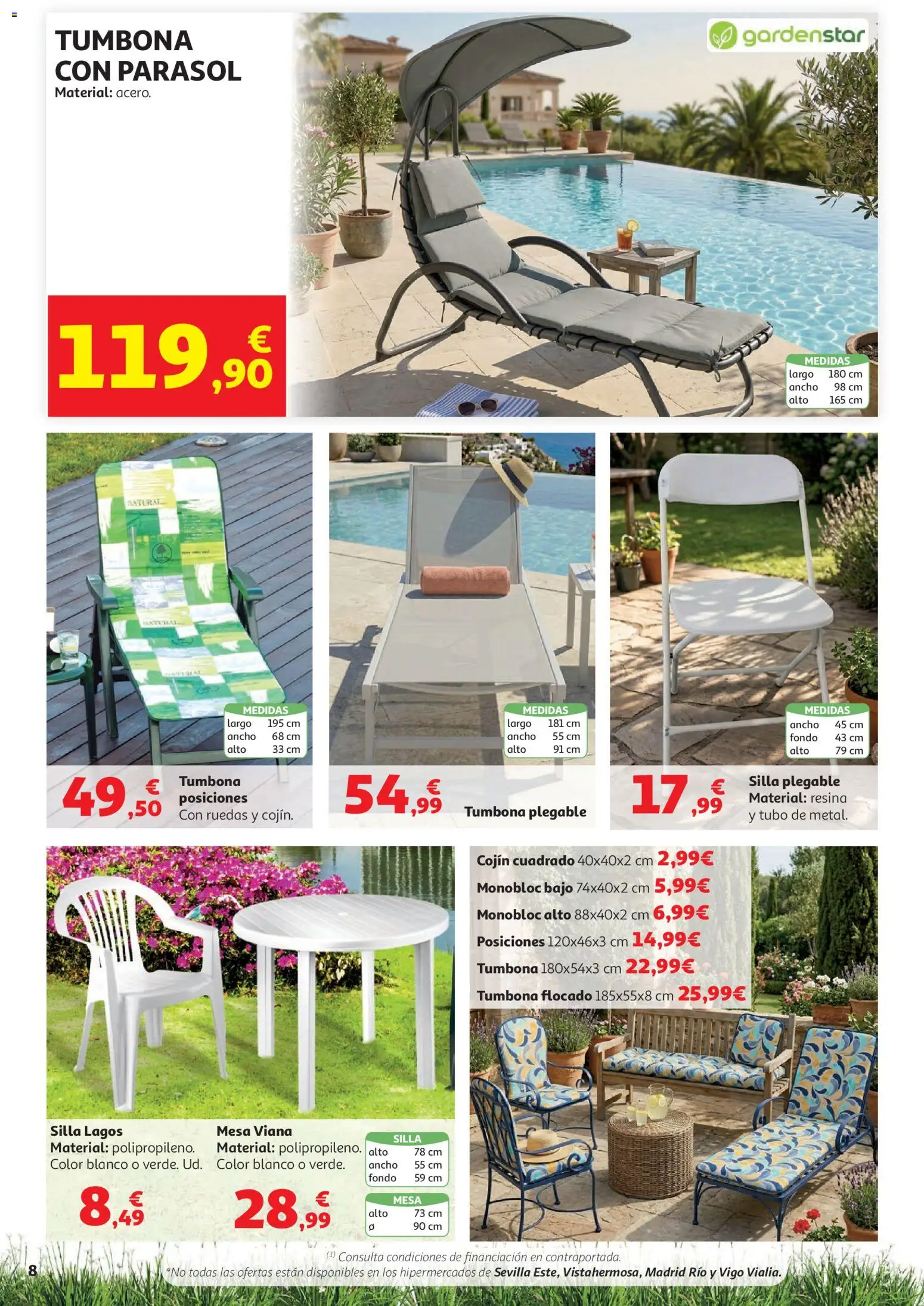 Alcampo Aire Libre │ válido desde el 05.05.2026 | Página: 8 | Productos: Tumbona, Cojín, Mesa, Silla