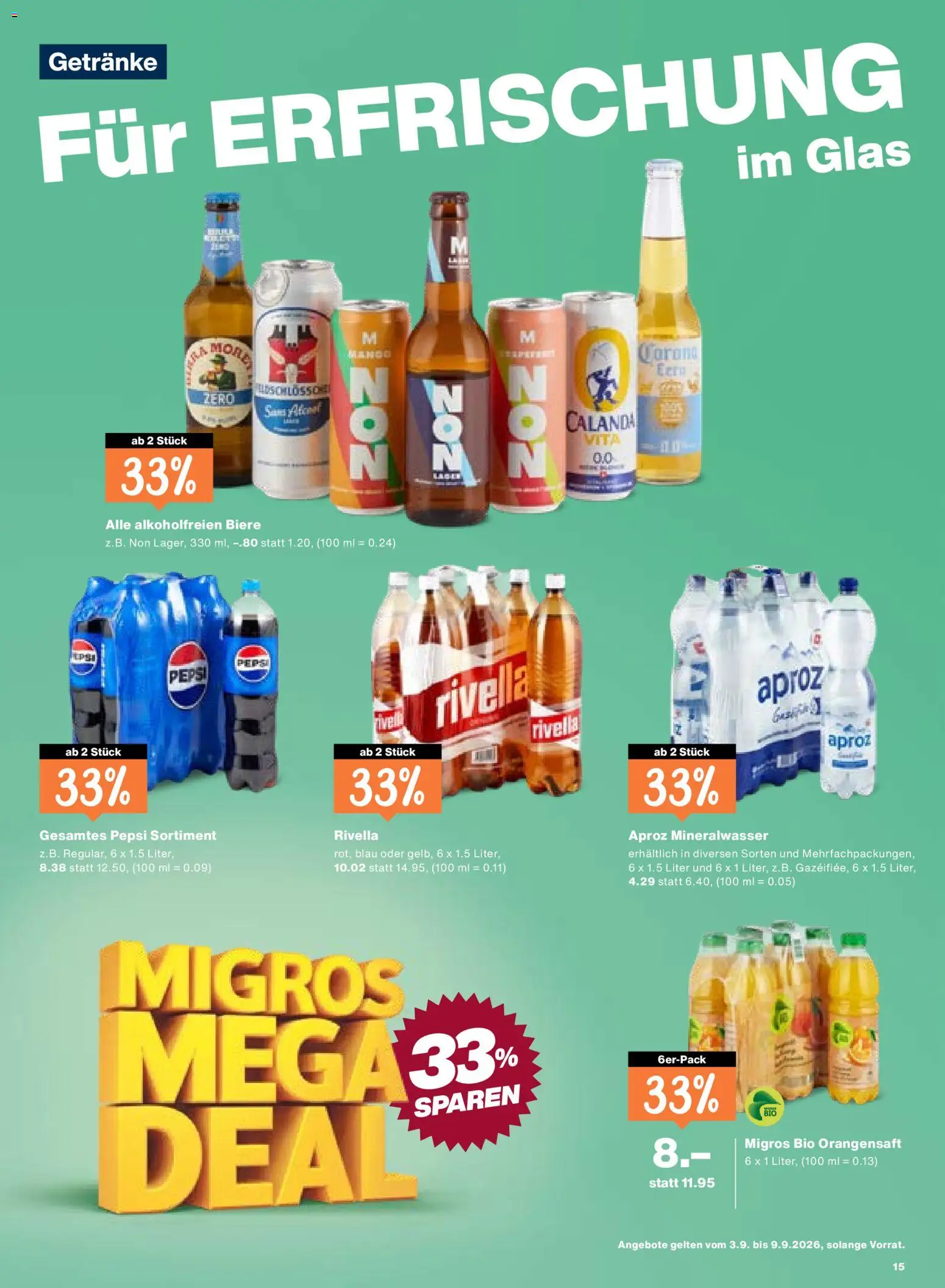 Migros aktionen – gültig ab 03.09.2026 | Seite: 15 | Produkte: Pepsi, Getränke, Orangensaft, Glas