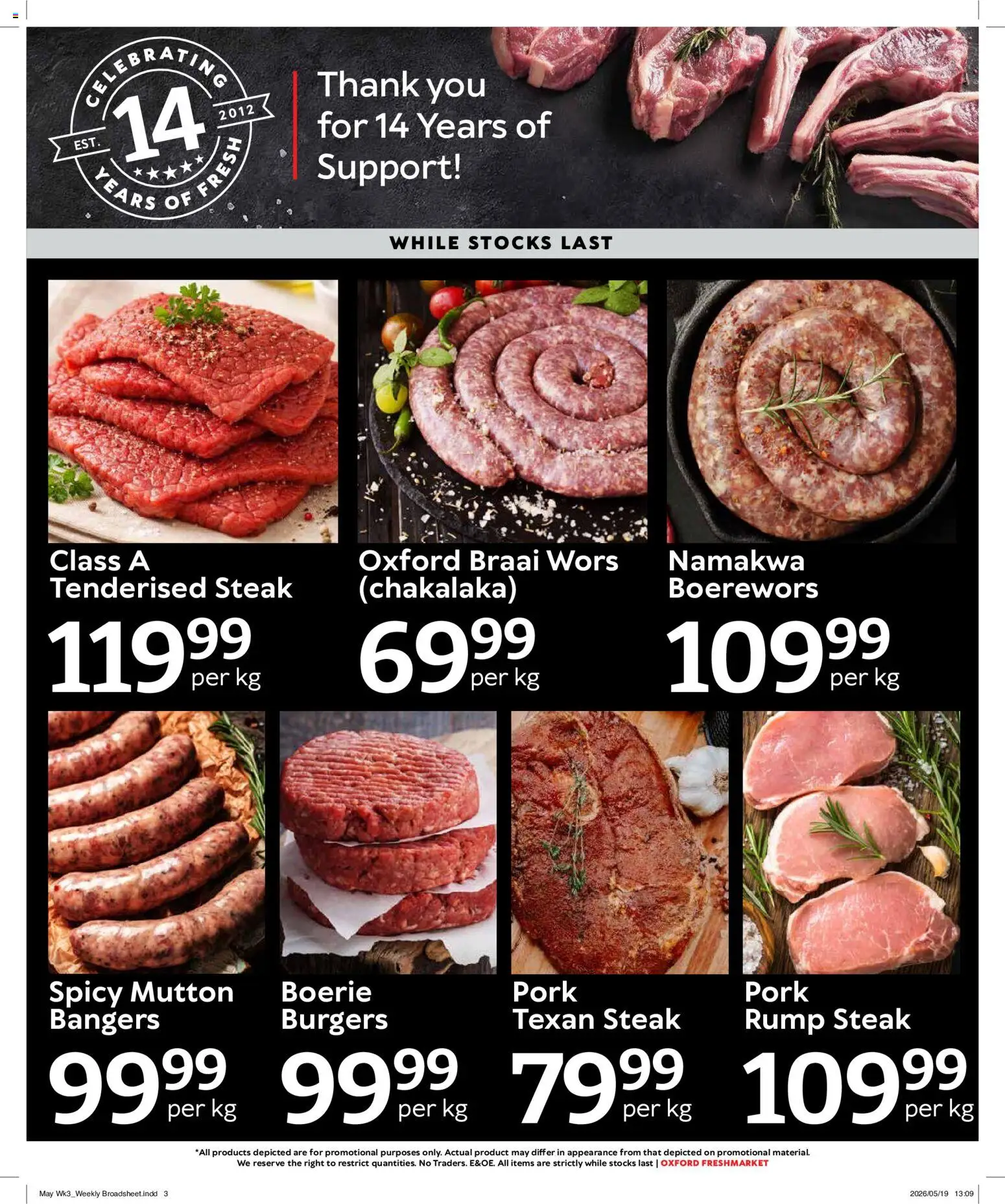 New Oxford Freshmarket catalogue – valid from 20.05.2026 | Page: 3 | Products: Steak, Boerewors, Pork, Burgers
