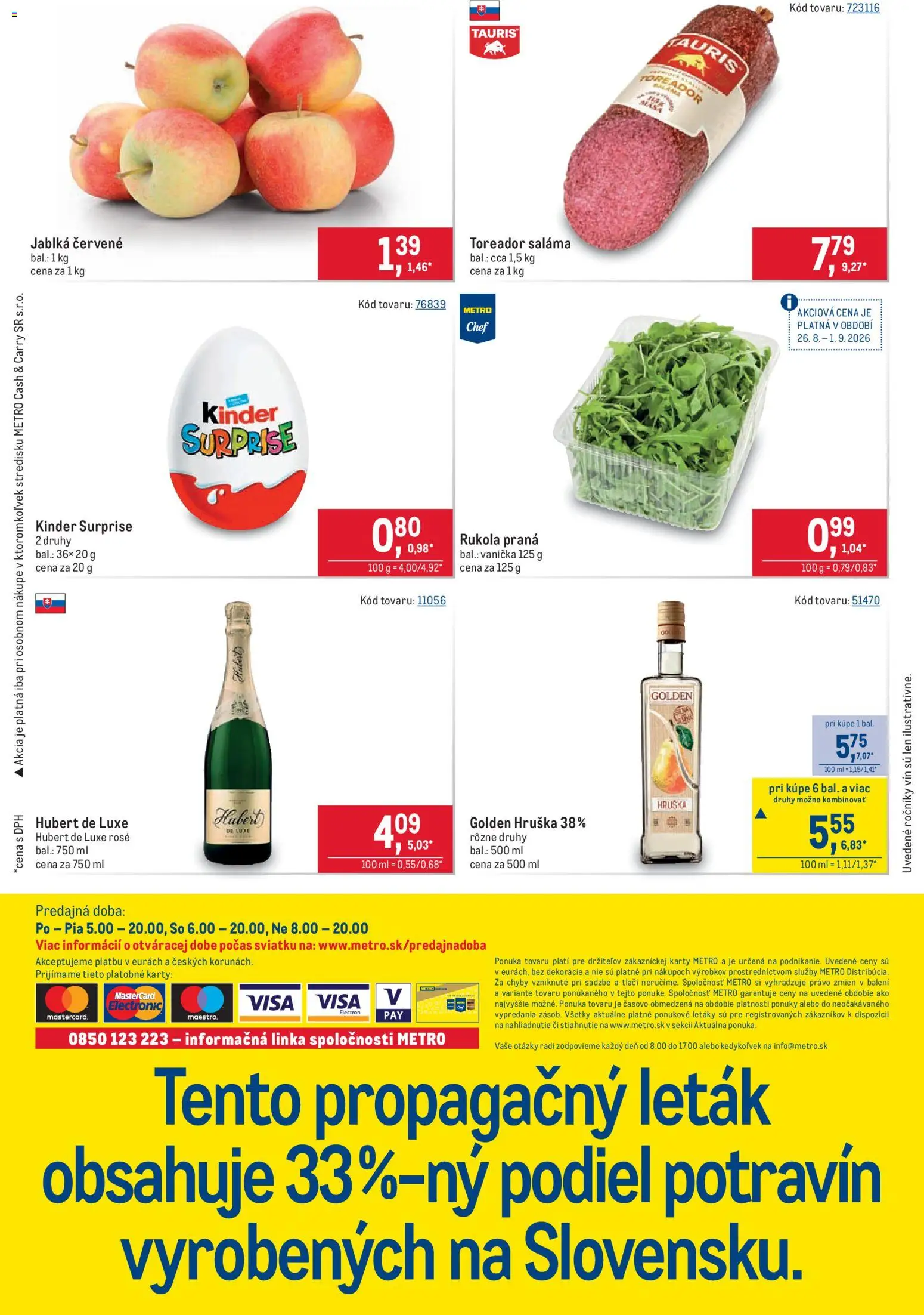 Nové Metro akcie – leták je platný od 26.08.2026 | Strana: 40 | Produkty: Saláma, Jablká, Kinder, Hubert de Luxe