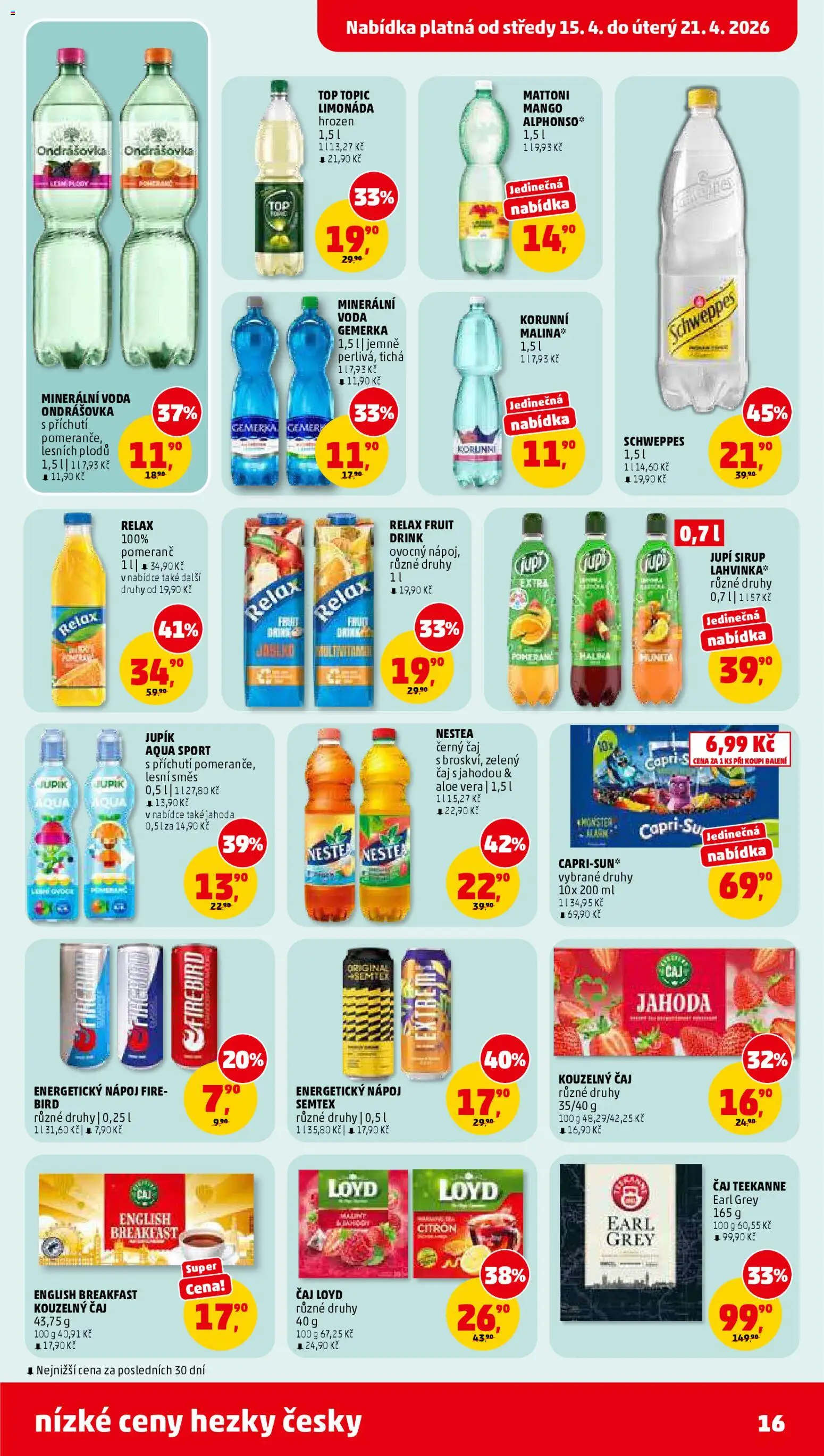 Penny Market leták od 15.04.2026 | Strana: 16 | Produkty: Ondrášovka, Voda, Teekanne, Energetický nápoj