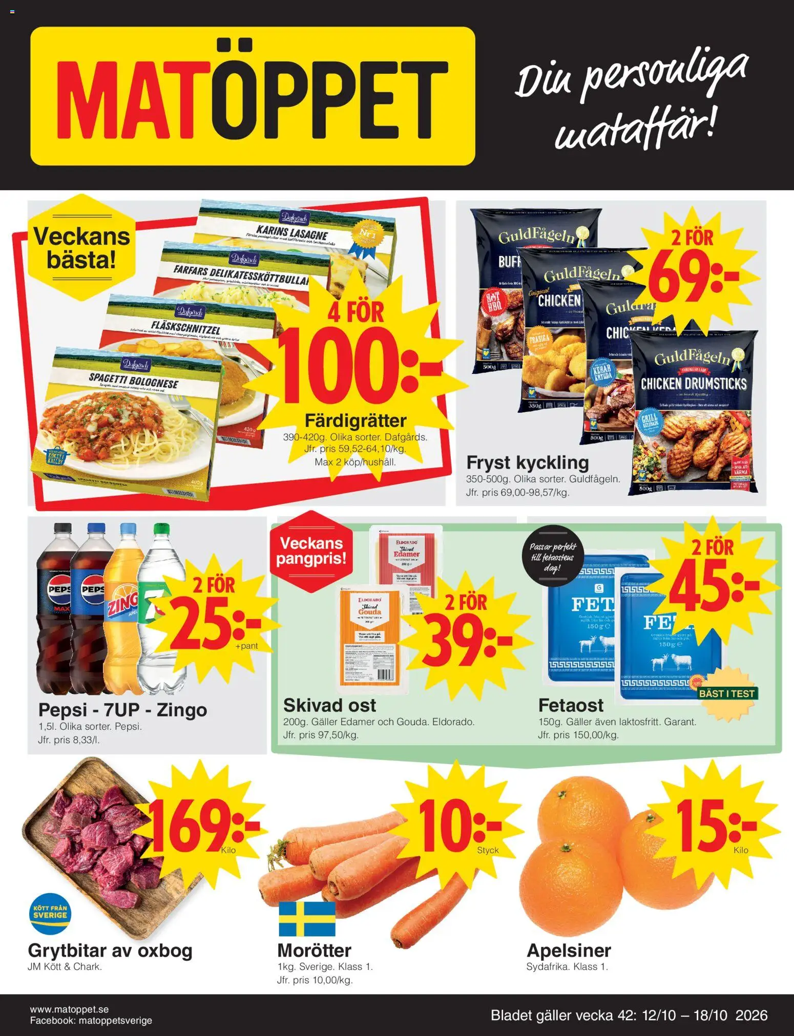 Matöppet reklamblad aktuell från 12/10/2026 | Sida: 1 | Produkter: Morötter, Ost, Gouda, Kött