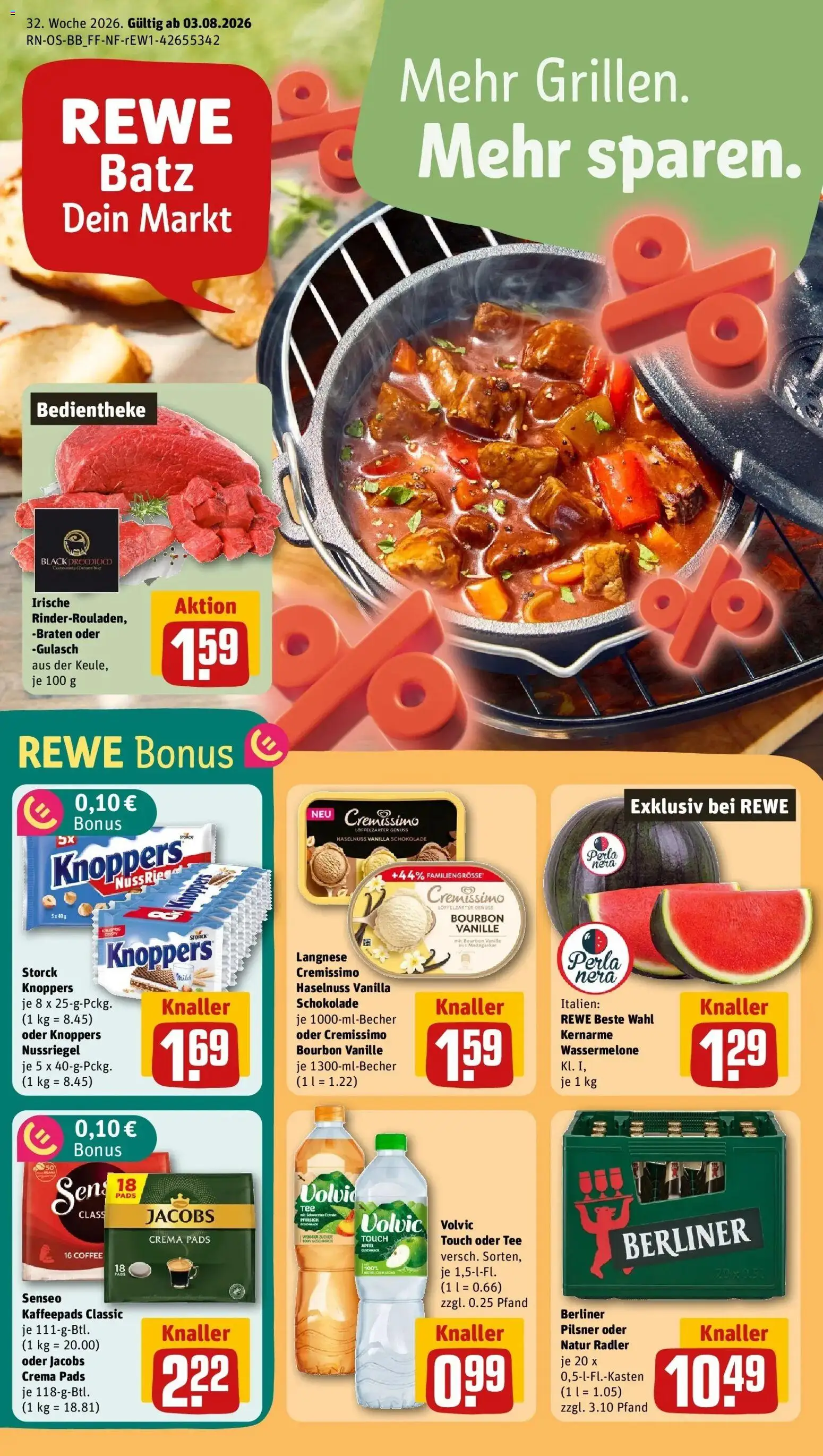 REWE Prospekt ab 03.08.2026 zum Blättern » Angebote | Seite: 1 | Produkte: Cremissimo, Schokolade, Gulasch, Knoppers