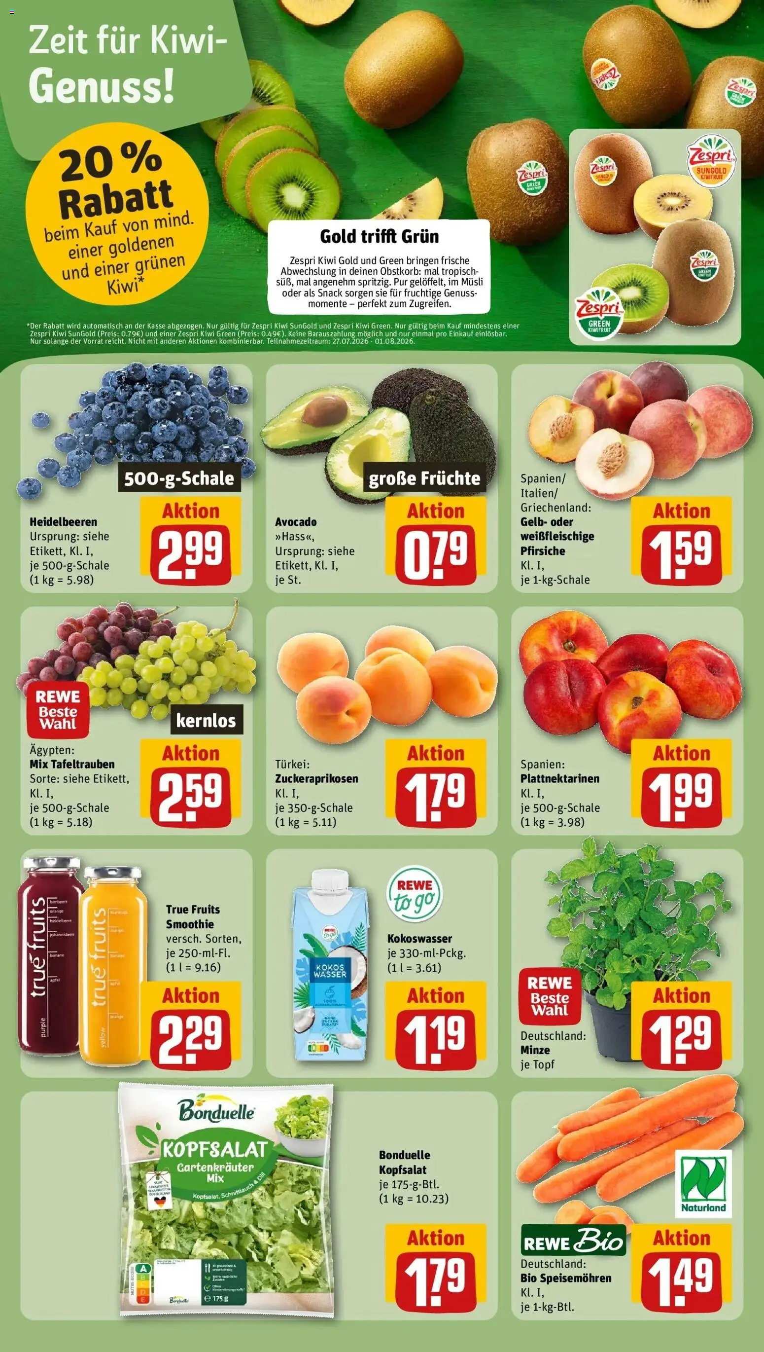 Rewe Prospekt Templin – gültig ab 27.07.2026 | Seite: 6 | Produkte: Heidelbeeren, Zucker, Kiwi, Salat