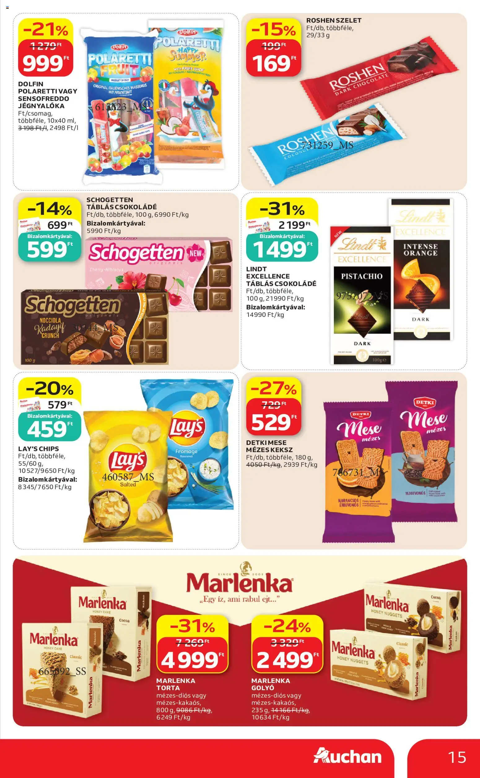 Auchan akciós ujság - amely érvényes a következő dátumtól: 2026.08.06. | Oldal: 15 | Termékek: Chips, Nuggets, Csokoládé, Keksz