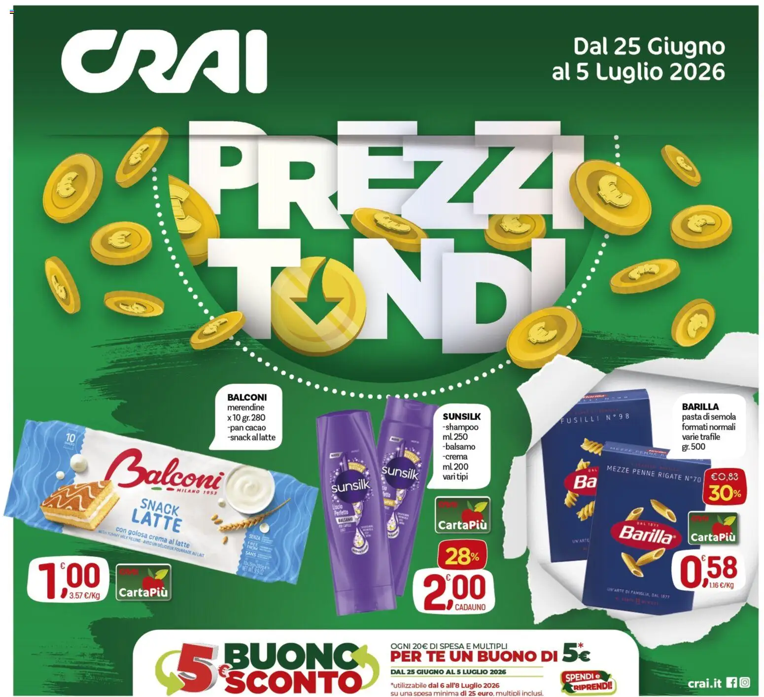 Volantino CRAI del 25/06/2026 | Pagina: 1 | Prodotti: Latte, Fusilli, Cacao, Penne