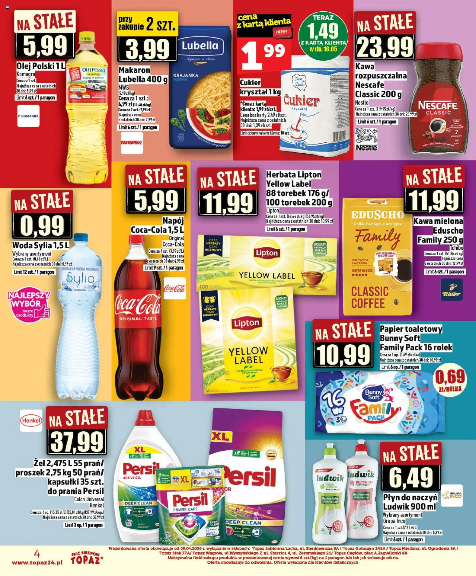 Topaz gazetka - Ceny małe na stałe od 14.05.2026 | Strona: 4 | Produkty: Herbata lipton, Olej, Makaron, Woda