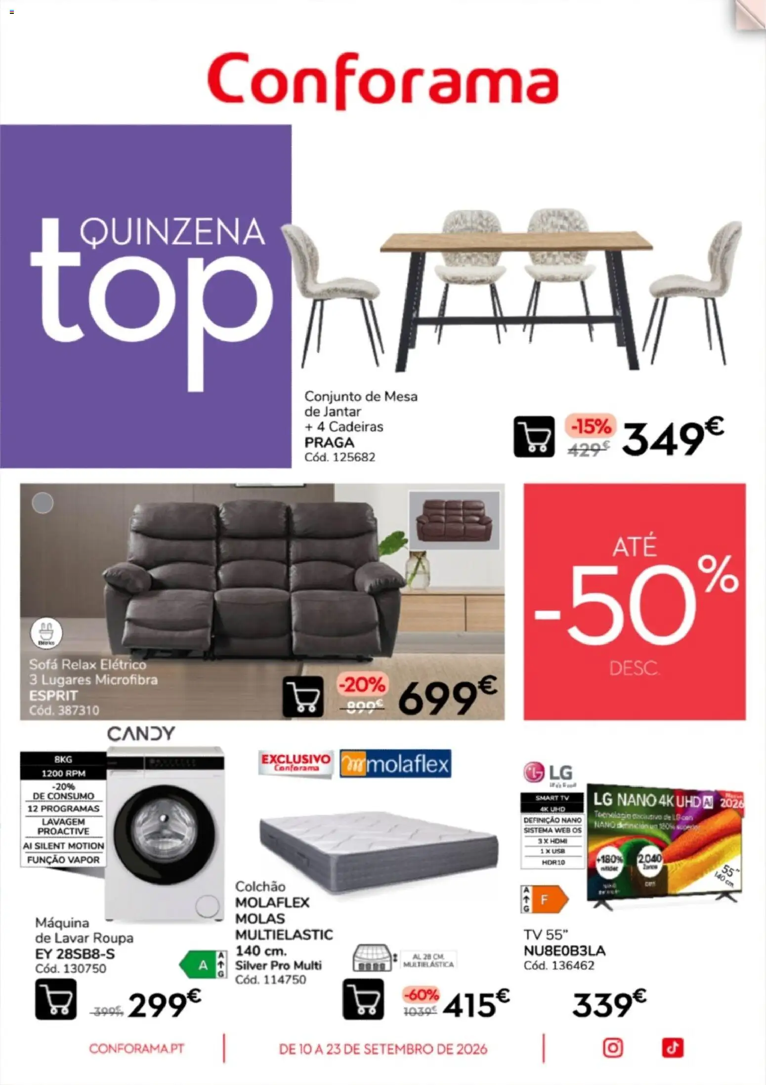 Conforama - Quinzena top │ válido de 10/09/2026 | Página: 1 | Produtos: USB, Cadeiras, Colchão, Mesa de jantar