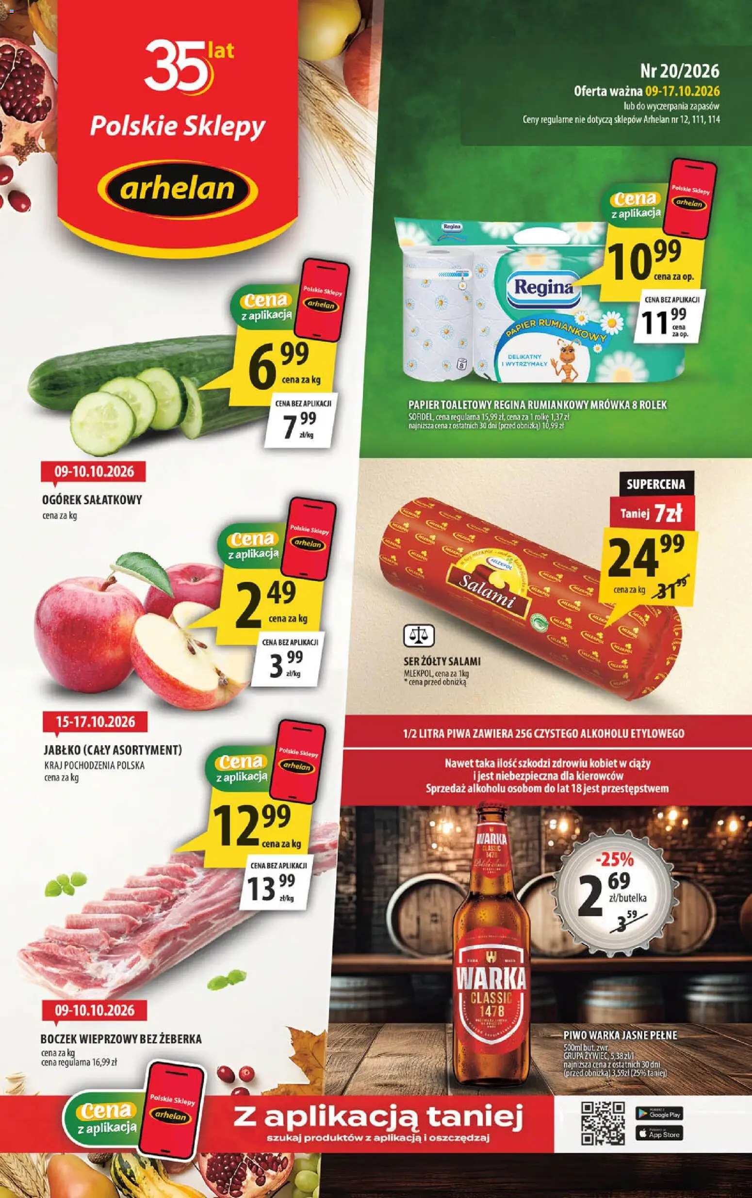 Arhelan gazetka od 09.10.2026 | Strona: 1 | Produkty: Ogórek sałatkowy, Piwo Warka, Ogórek, Piwo