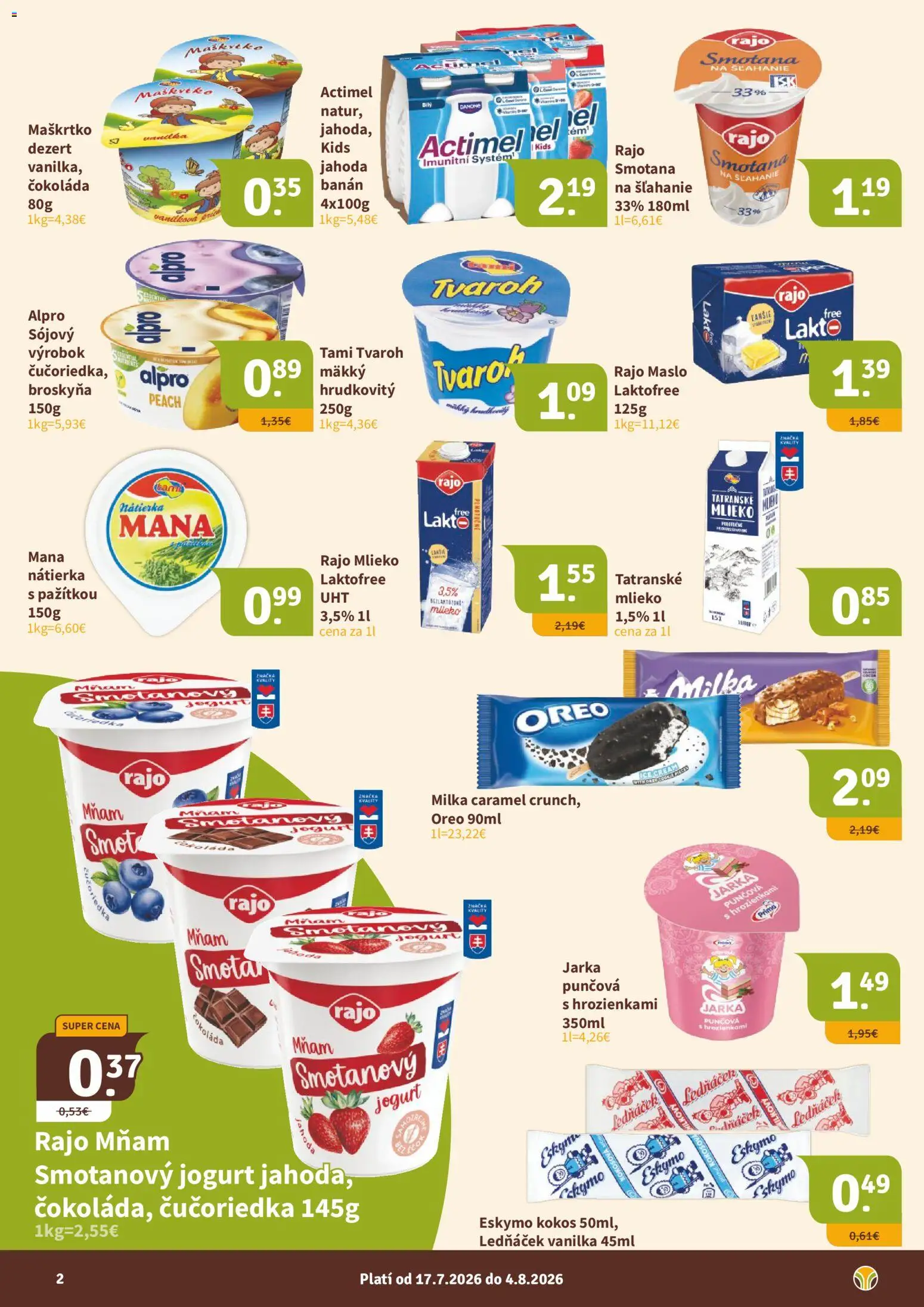 Nové Nitrazdroj akcie – leták je platný od 17.07.2026 | Strana: 2 | Produkty: Jogurt, Čokoláda, Tvaroh, Milka