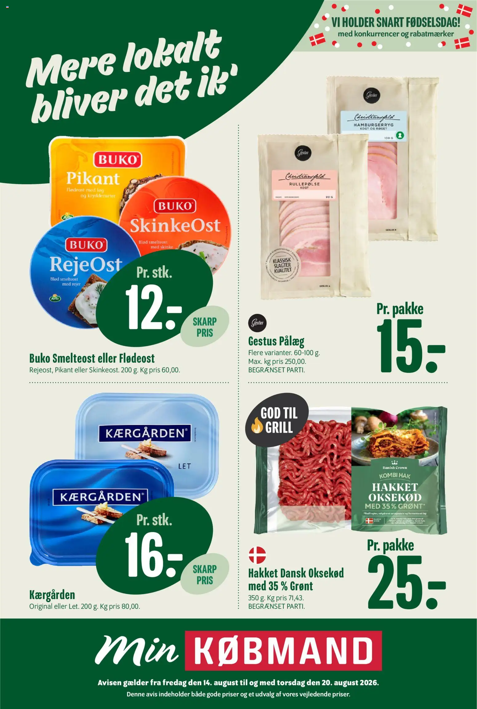 Min Købmand tilbudsavis – gyldig fra 14/08/2026 | Side: 1 | Produkter: Oksekød, Løg, Pålæg, Rullepølse