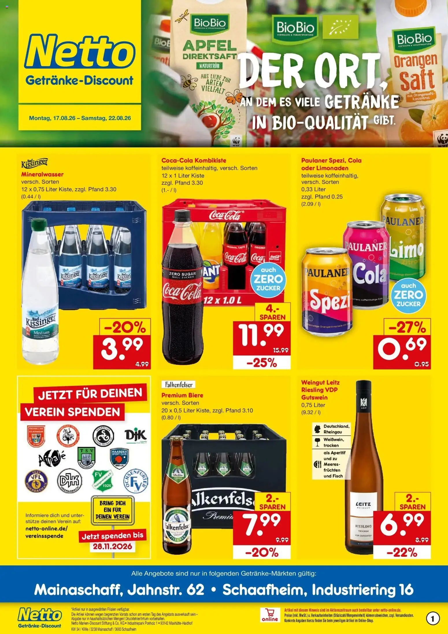 Netto Marken-Discount Prospekt Mainaschaff – gültig ab 17.08.2026 | Seite: 1 | Produkte: Cola, Orangen, Saft, Paulaner