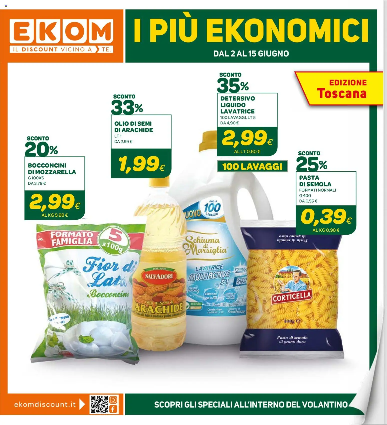 Volantino Ekom del 02.06.2026 | Pagina: 1 | Prodotti: Mozzarella, Olio, Pasta, Lavatrice